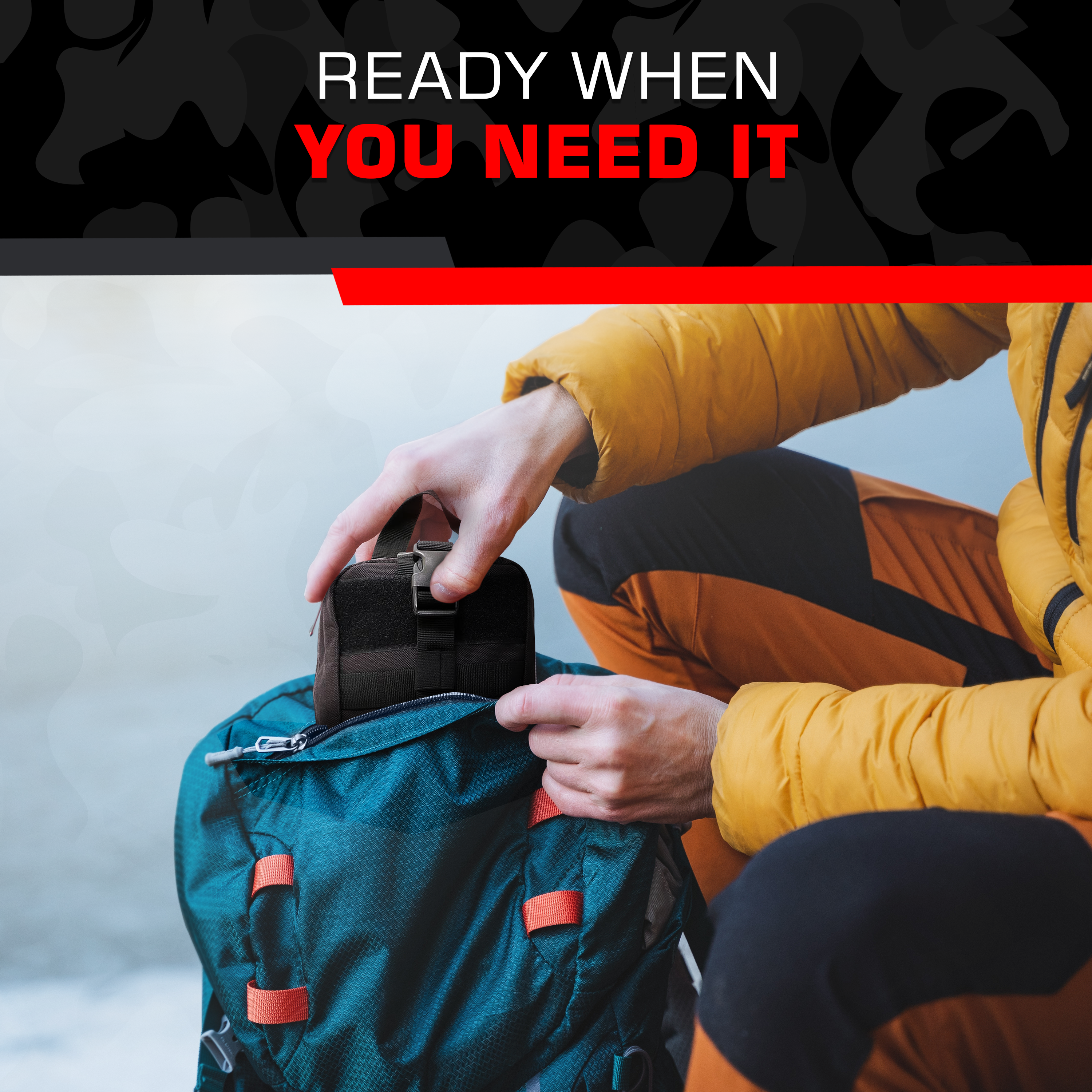 MediTac Kits Premium Trauma IFAK compact first aid kit with CAT tourniquet and chest seals, ready for emergency medical use.