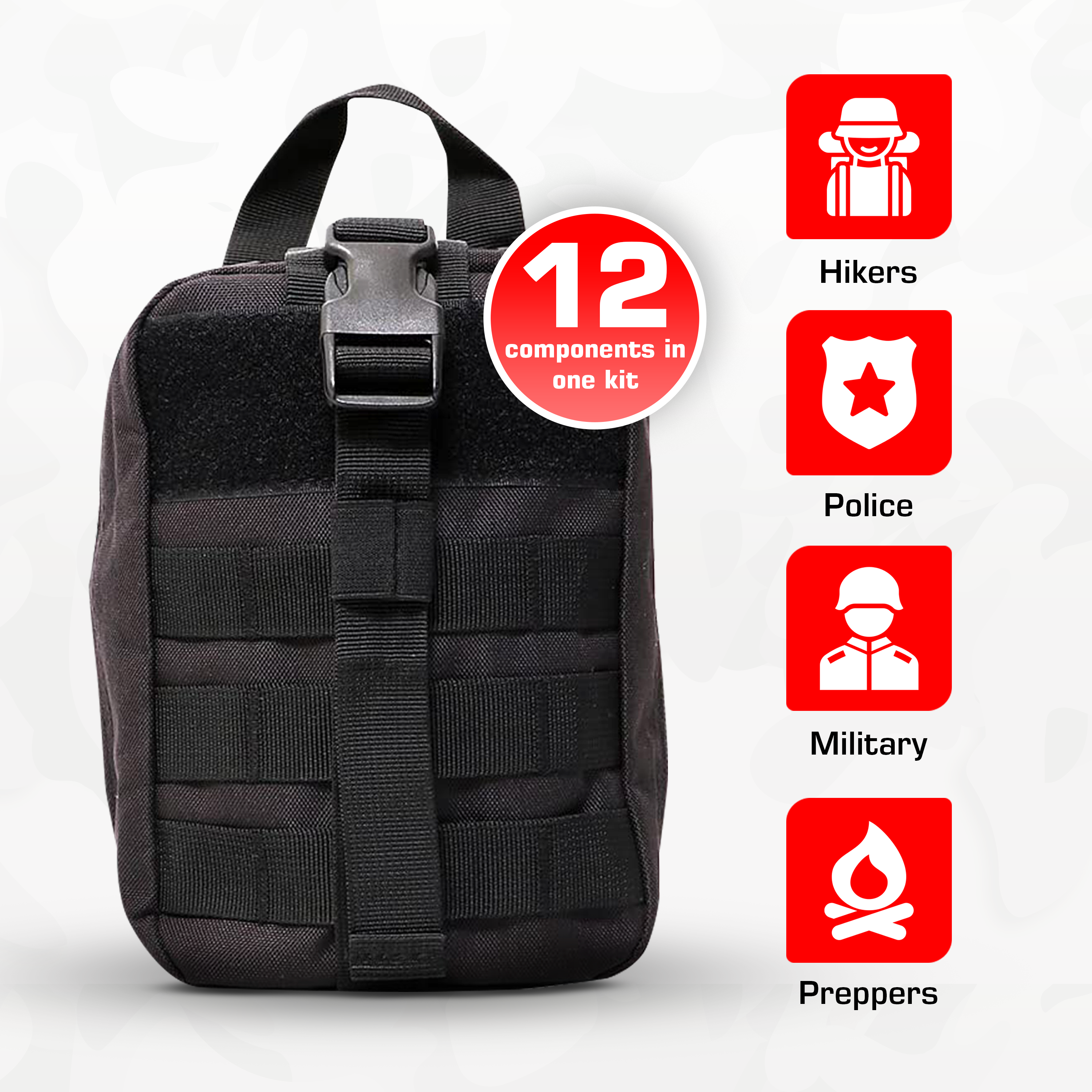 MediTac Kits Premium Trauma IFAK compact first aid kit with CAT tourniquet and chest seals, open showing medical supplies inside.