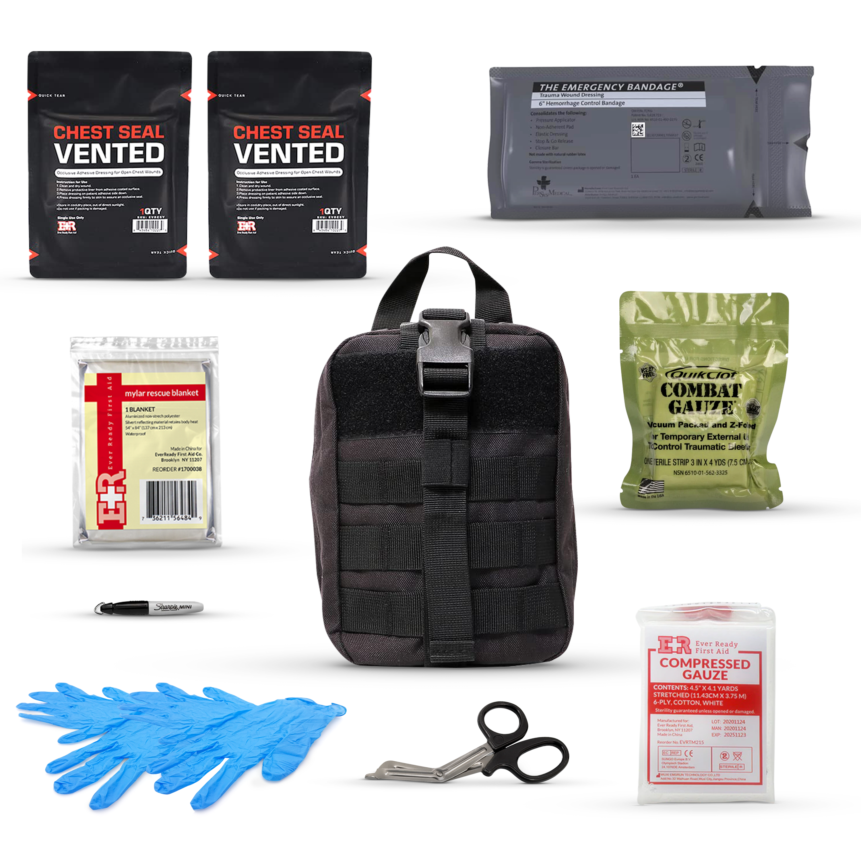 MediTac Kits Premium Trauma IFAK compact first aid kit with CAT tourniquet and chest seals on a white background.