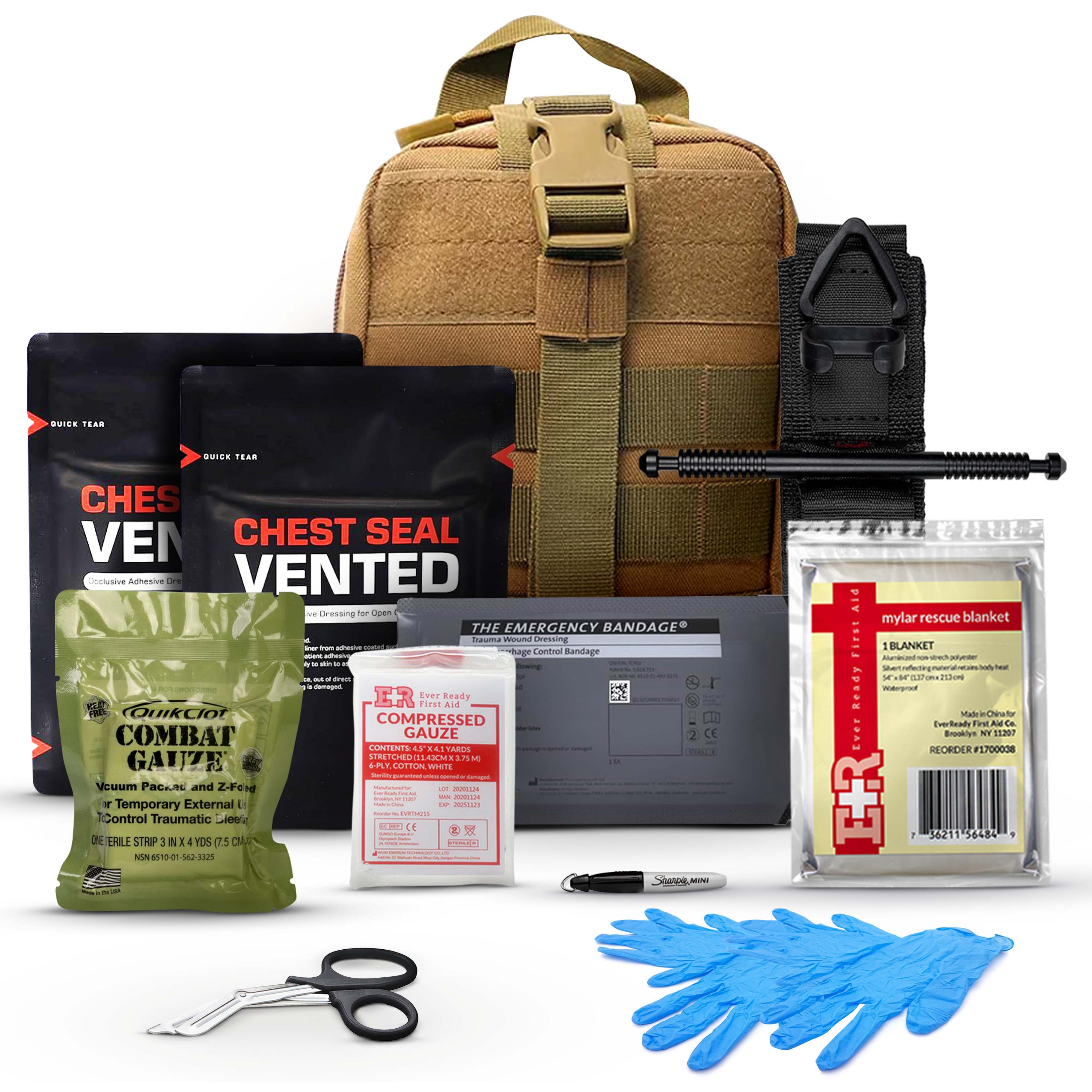 MediTac Kits Premium Trauma IFAK compact first aid kit with CAT tourniquet and chest seals, shown open with medical supplies inside.