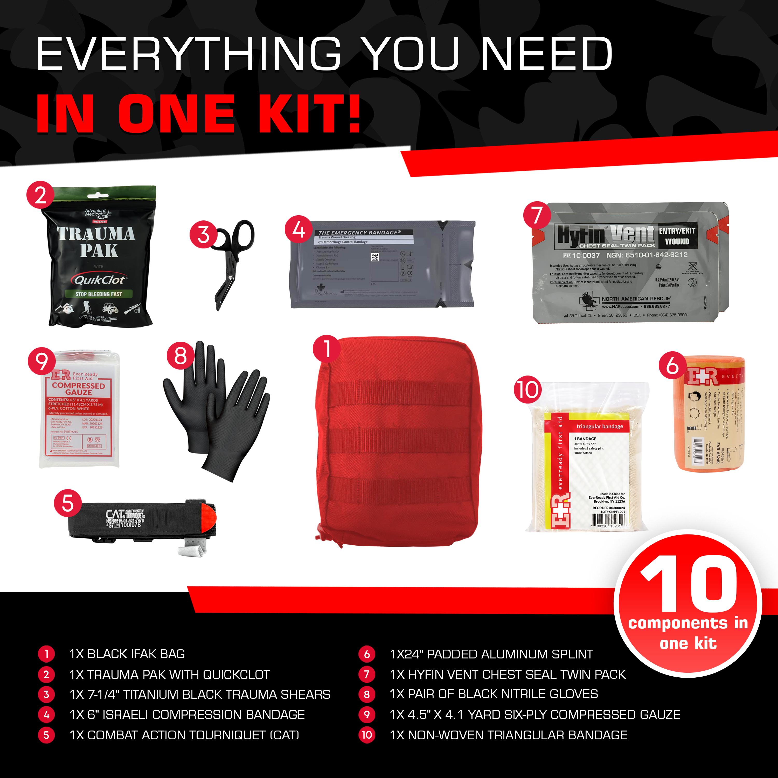 MediTac Kits Premium IFAK Kit with Trauma Pak, CAT Tourniquet, and Hyfin Chest Seal on a white background.