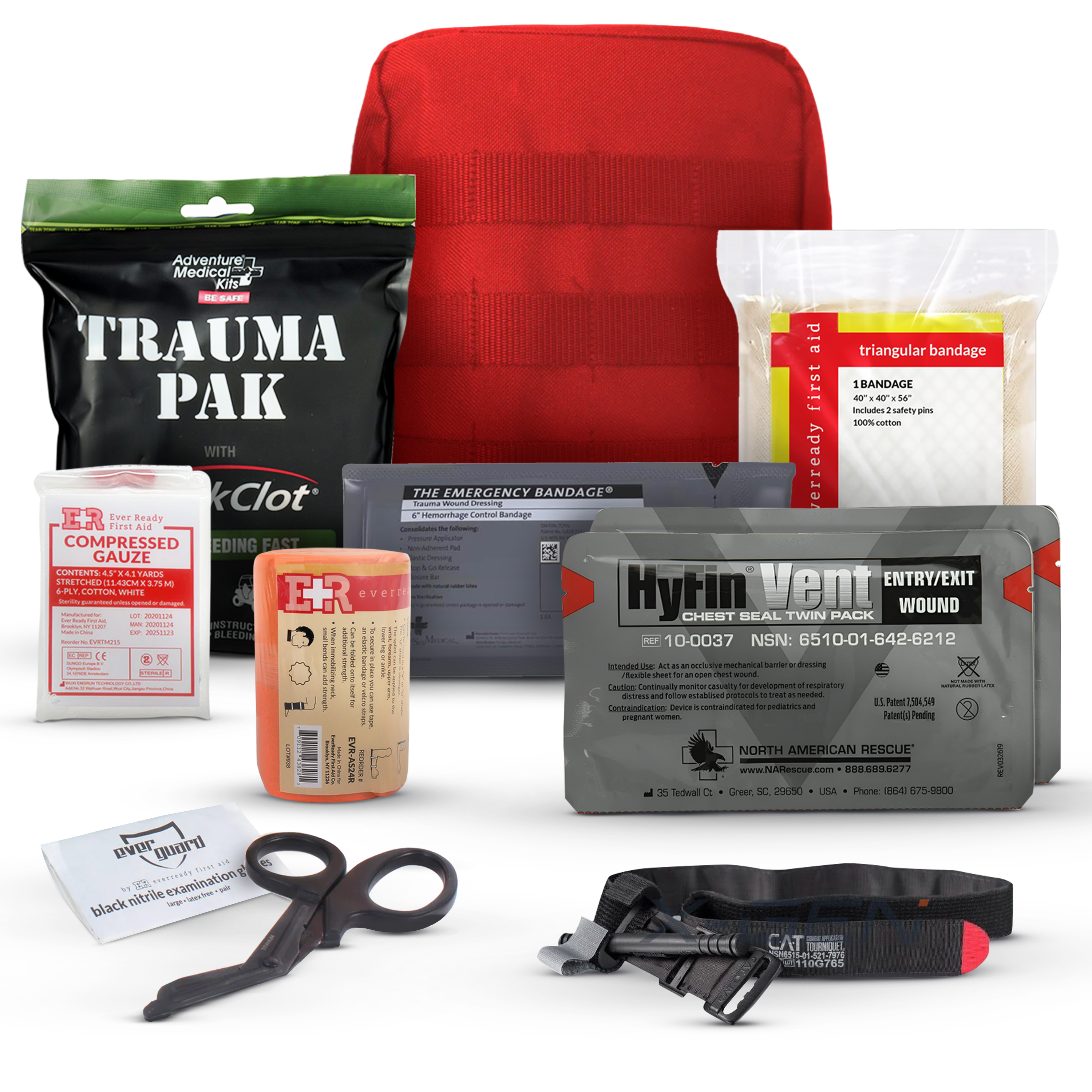 MediTac Kits Premium IFAK First Aid Kit with Trauma Pak, CAT Tourniquet, and Hyfin Chest Seal displayed on a surface.