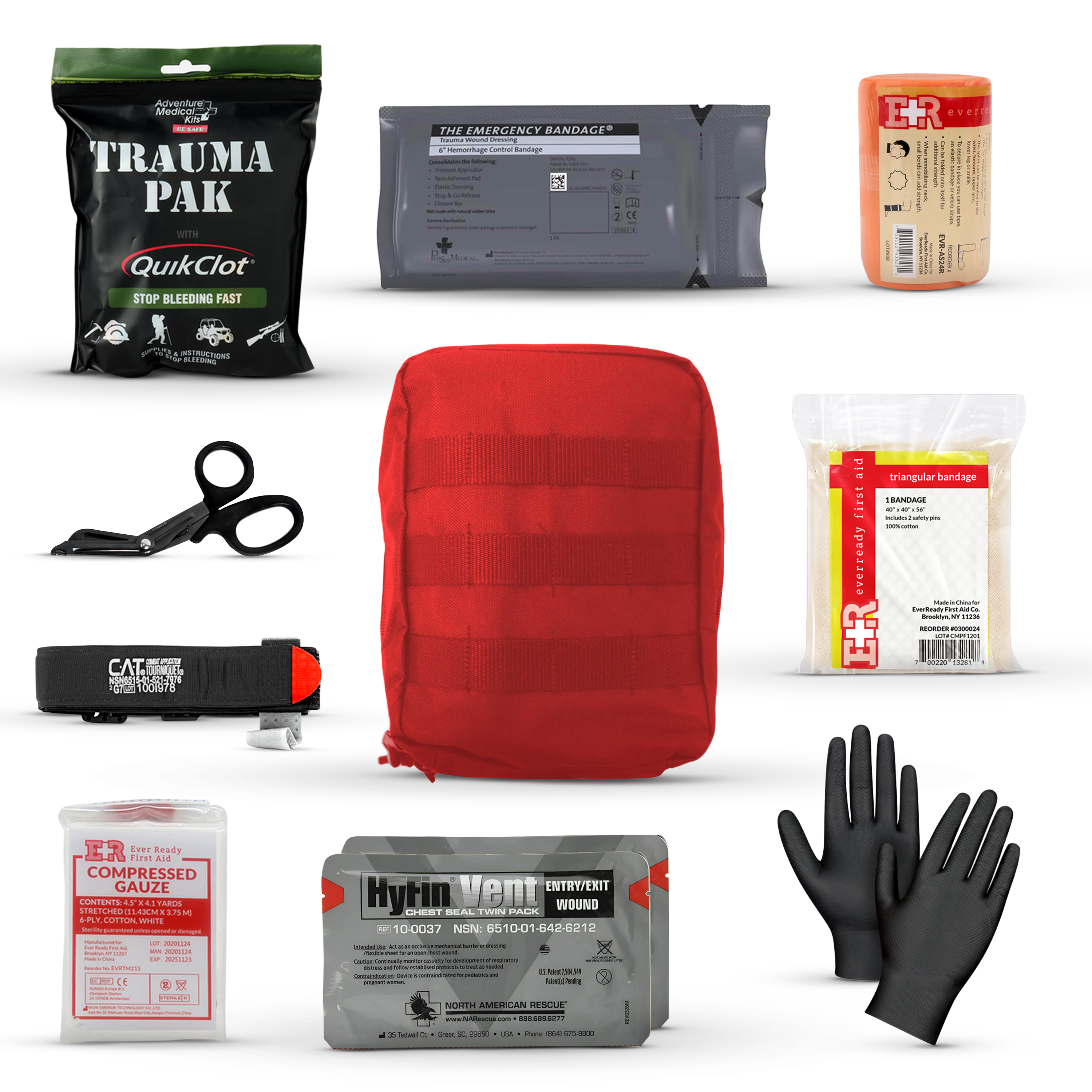 MediTac Premium IFAK Kit featuring a Trauma Pak, CAT Tourniquet, and Hyfin Chest Seal for emergency first aid.