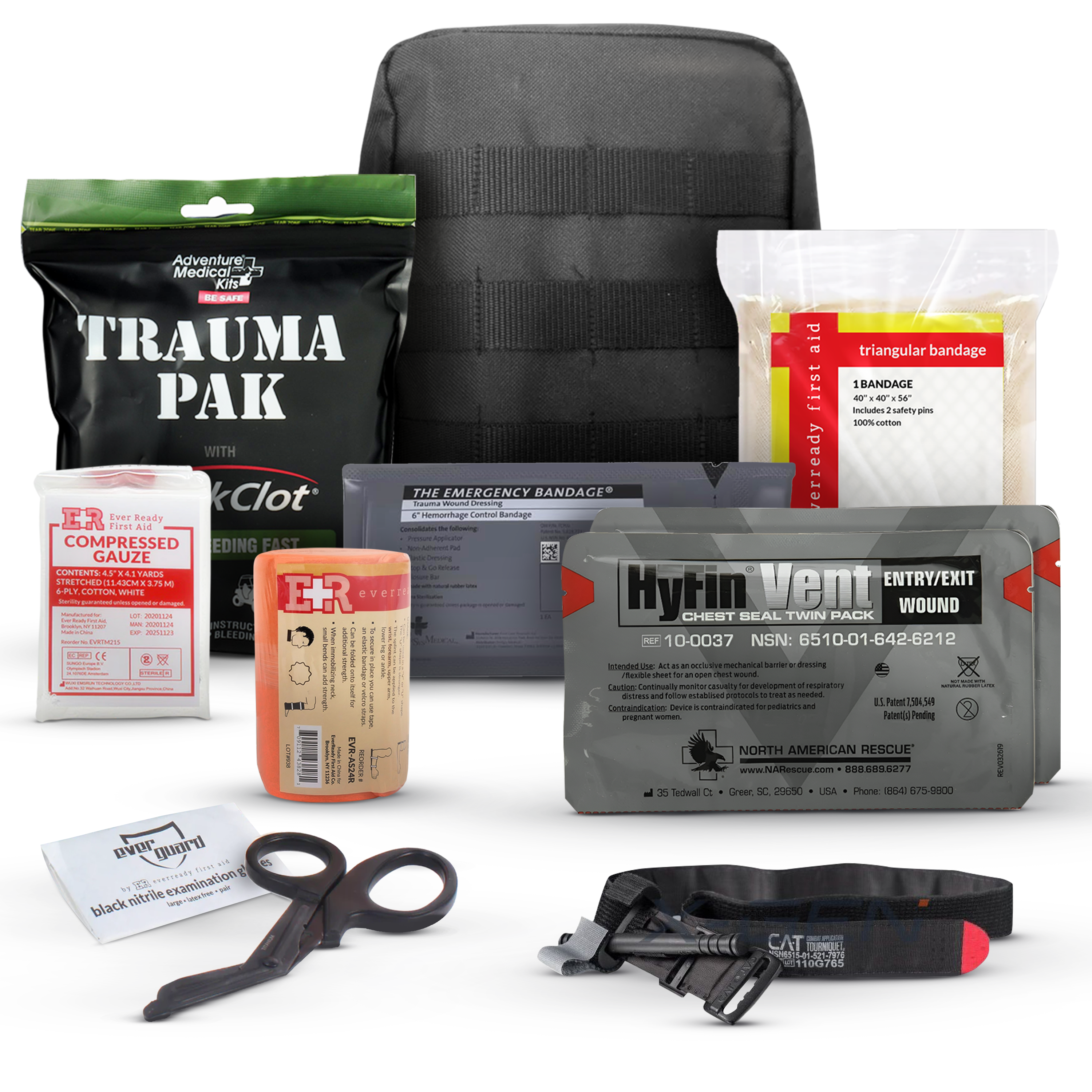MediTac Premium IFAK Kit with Trauma Pak, CAT Tourniquet, and Hyfin Chest Seal in a compact design.