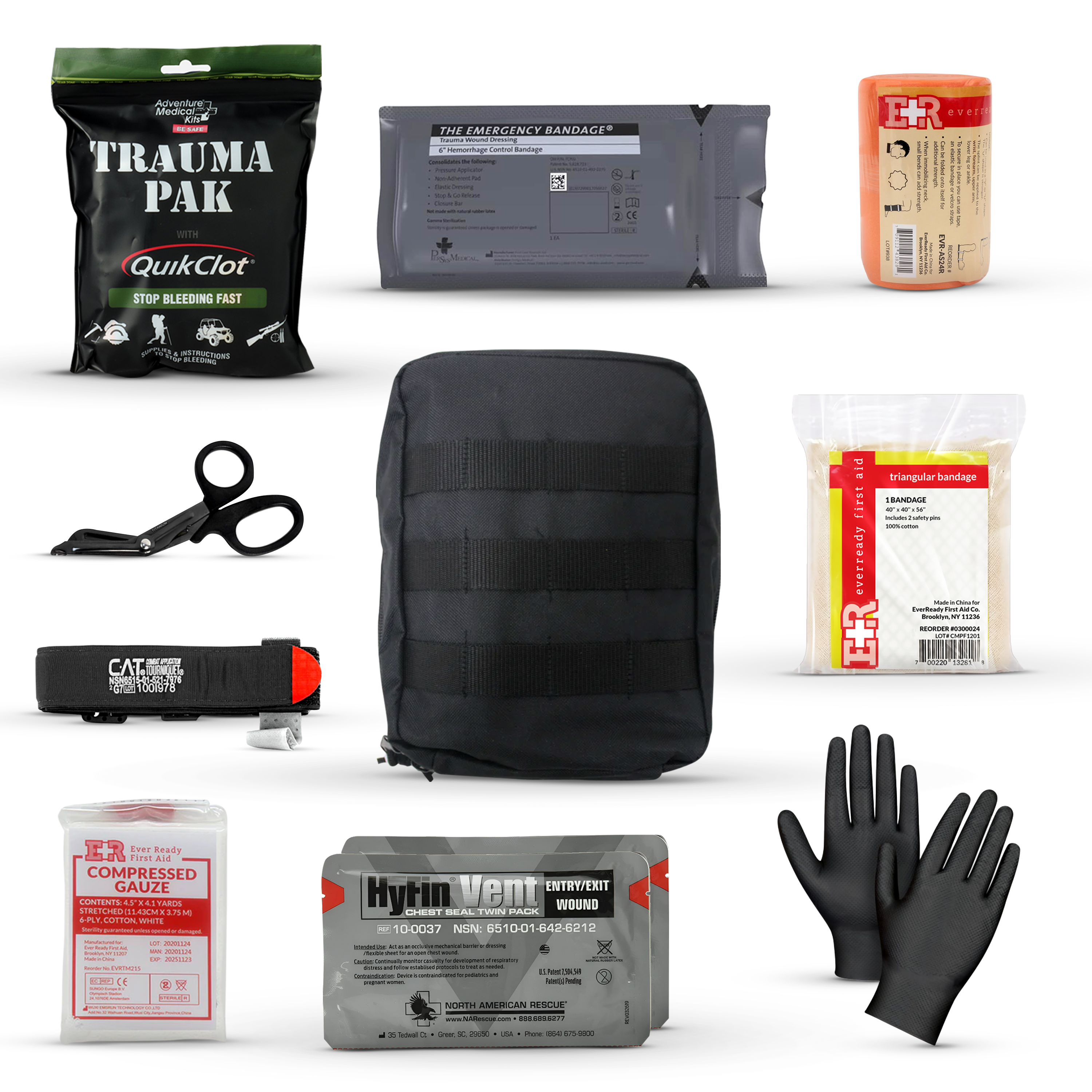MediTac Kits Premium IFAK Kit featuring Trauma Pak, CAT Tourniquet, and Hyfin Chest Seal in compact first aid pouch.