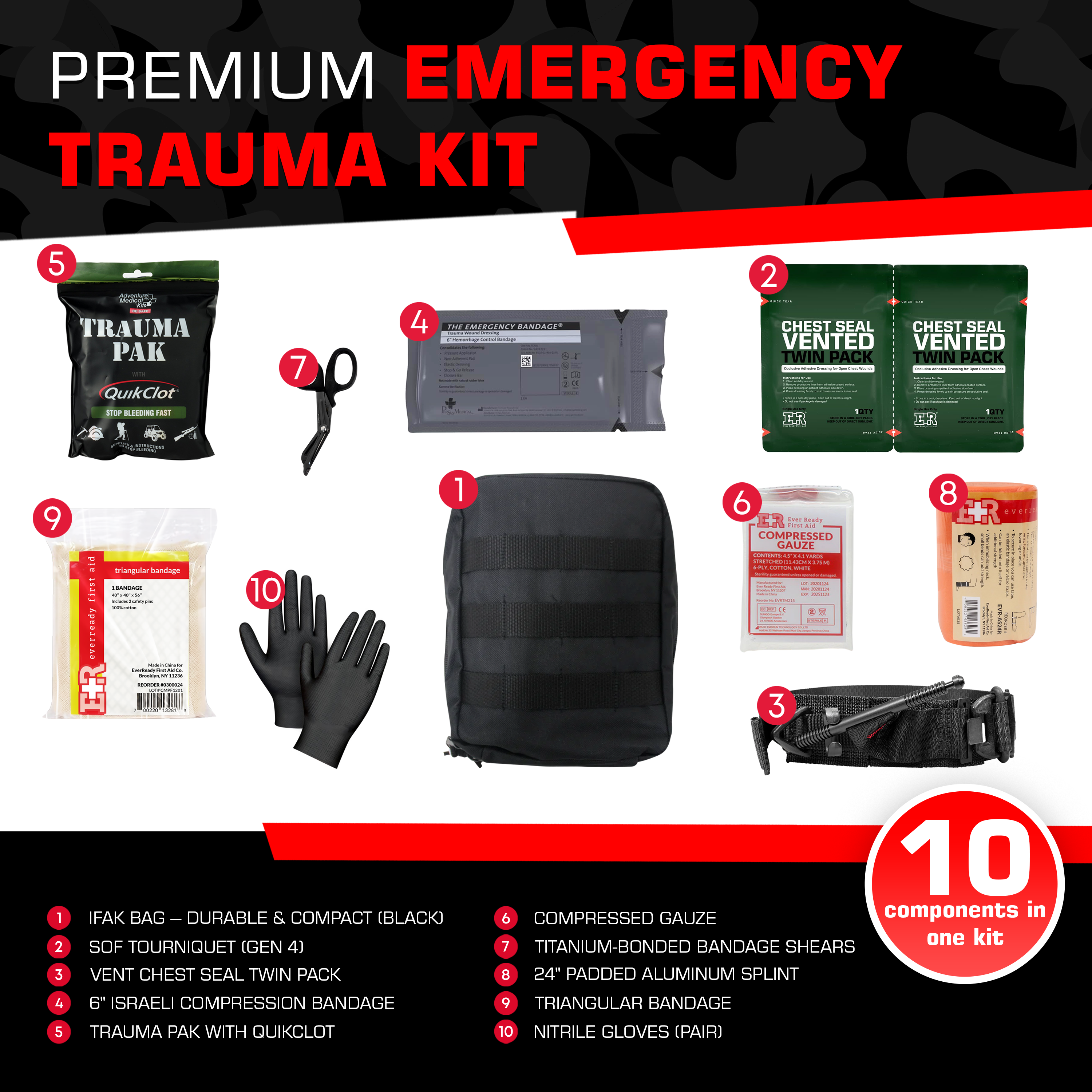 Industrial first aid kit by MediTac Kits with trauma pak, chest seal, and tourniquet for emergency medical response.