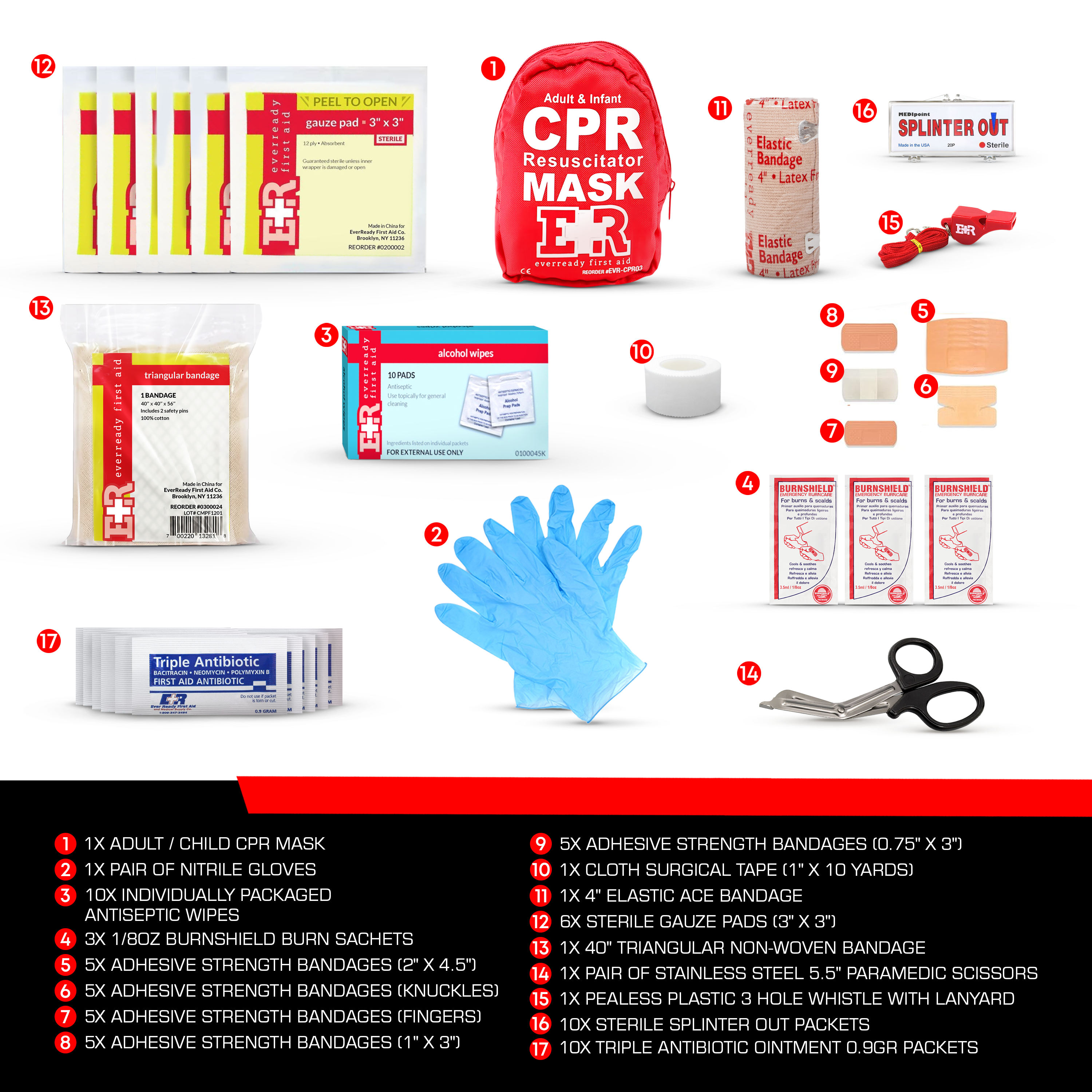 MediTac Kits 72-piece first aid kit with adult and infant CPR masks in a compact fanny pack, containing bandages, scissors, and emergency supplies.