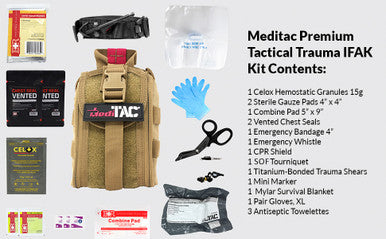 MediTac Kits premium tactical IFAK first aid kit with rip-away Velcro, SOF tourniquet, and CELOX on a gray background.