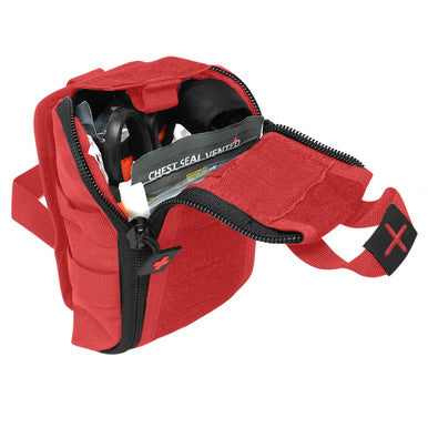 MediTac Kits premium tactical IFAK first aid kit with rip-away velcro, SOF tourniquet, and CELOX in an open top view.