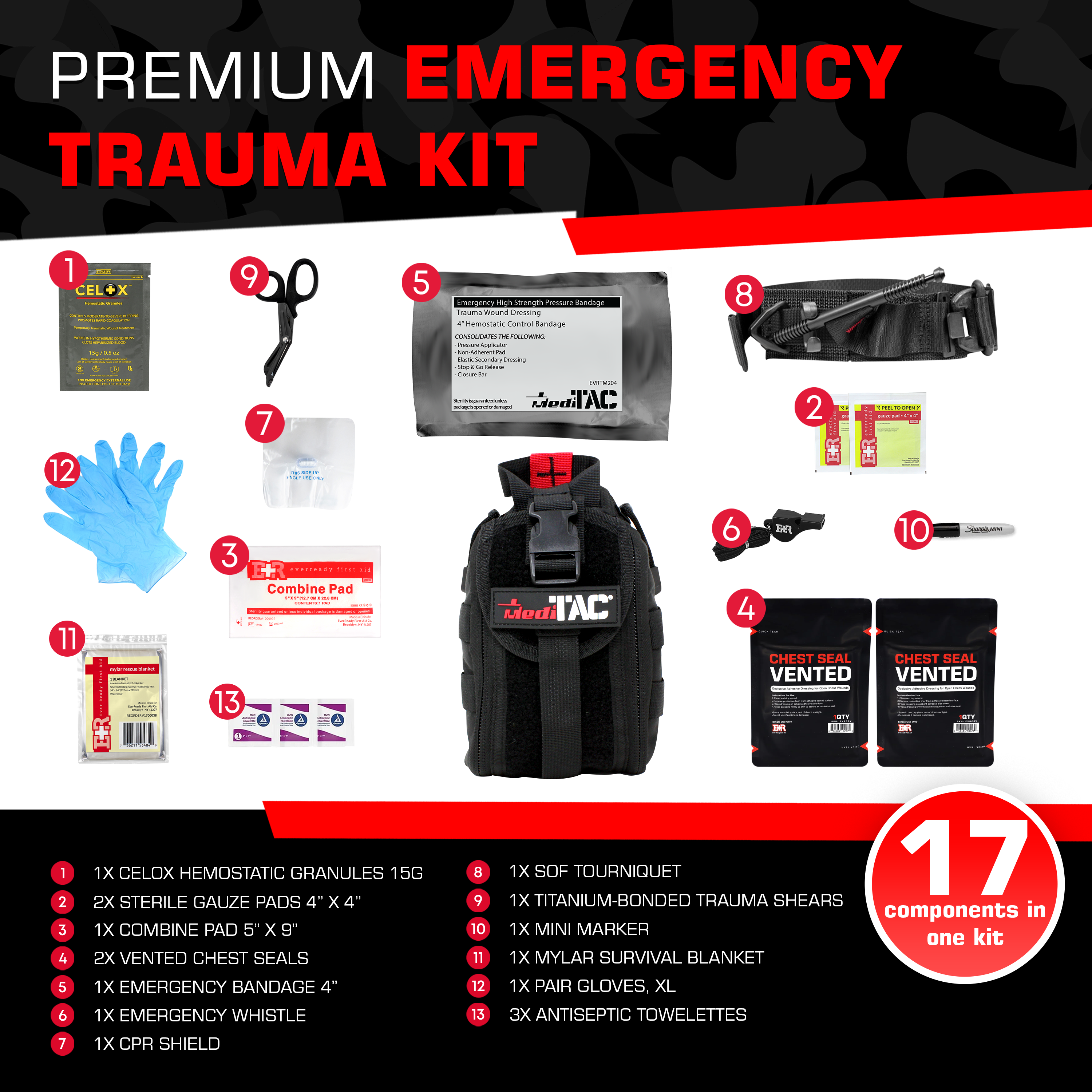 MediTac Kits premium tactical first aid kit with rip-away Velcro, SOF tourniquet, and CELOX for emergency medical use
