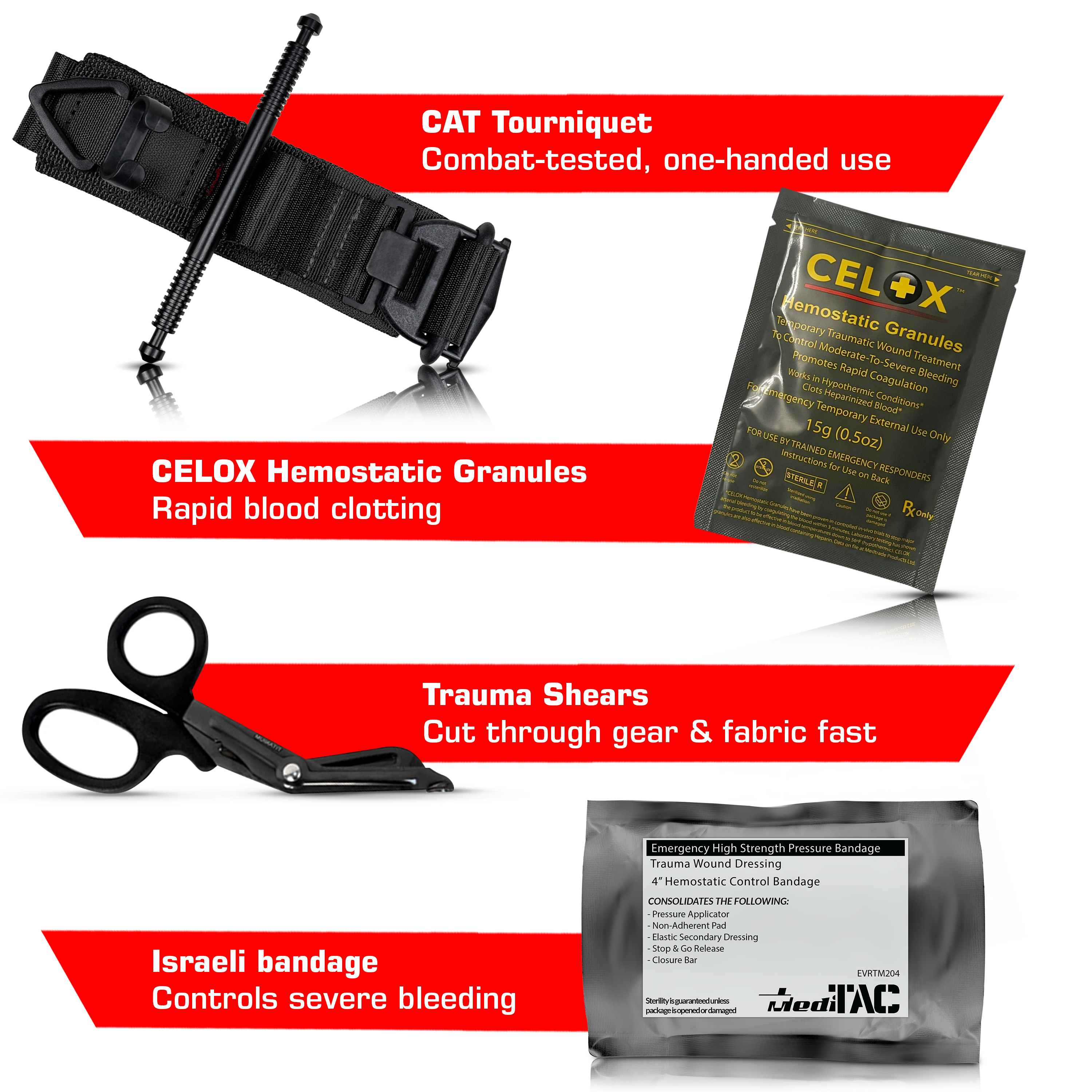 MediTac Kits Premium Tactical First Aid Kit with rip-away Velcro, SOF tourniquet, and CELOX for emergency medical use