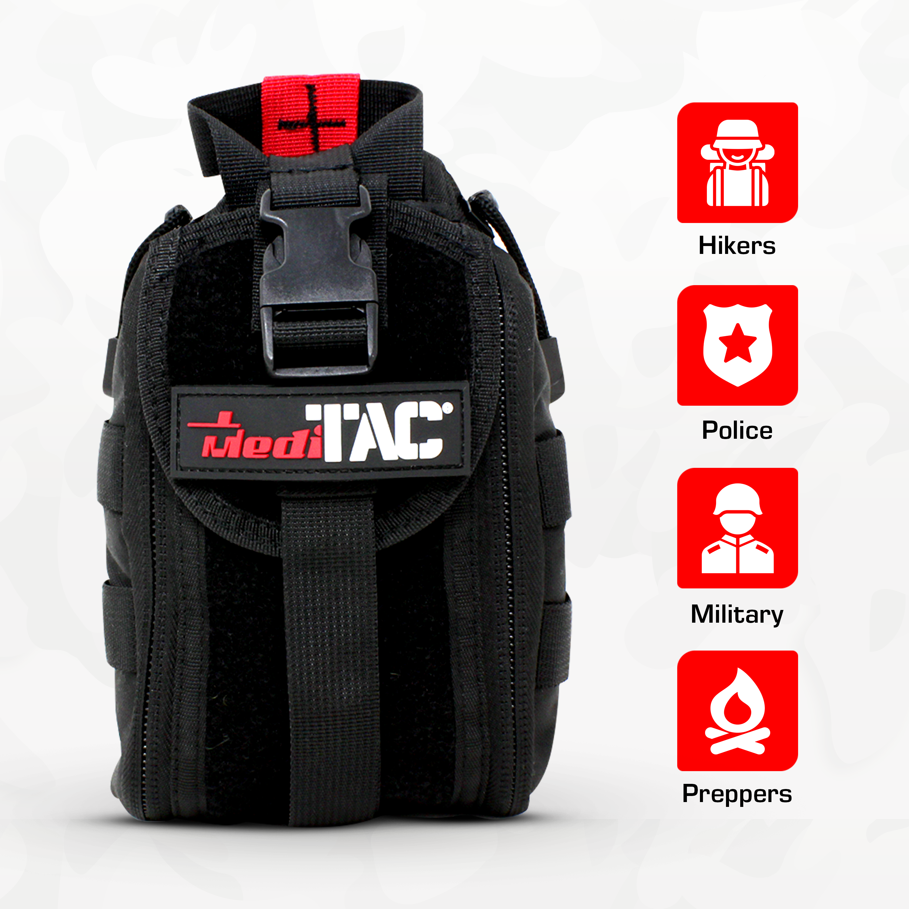 Black MediTac premium tactical IFAK first aid kit with rip-away Velcro, SOF tourniquet, and CELOX for emergency medical use.