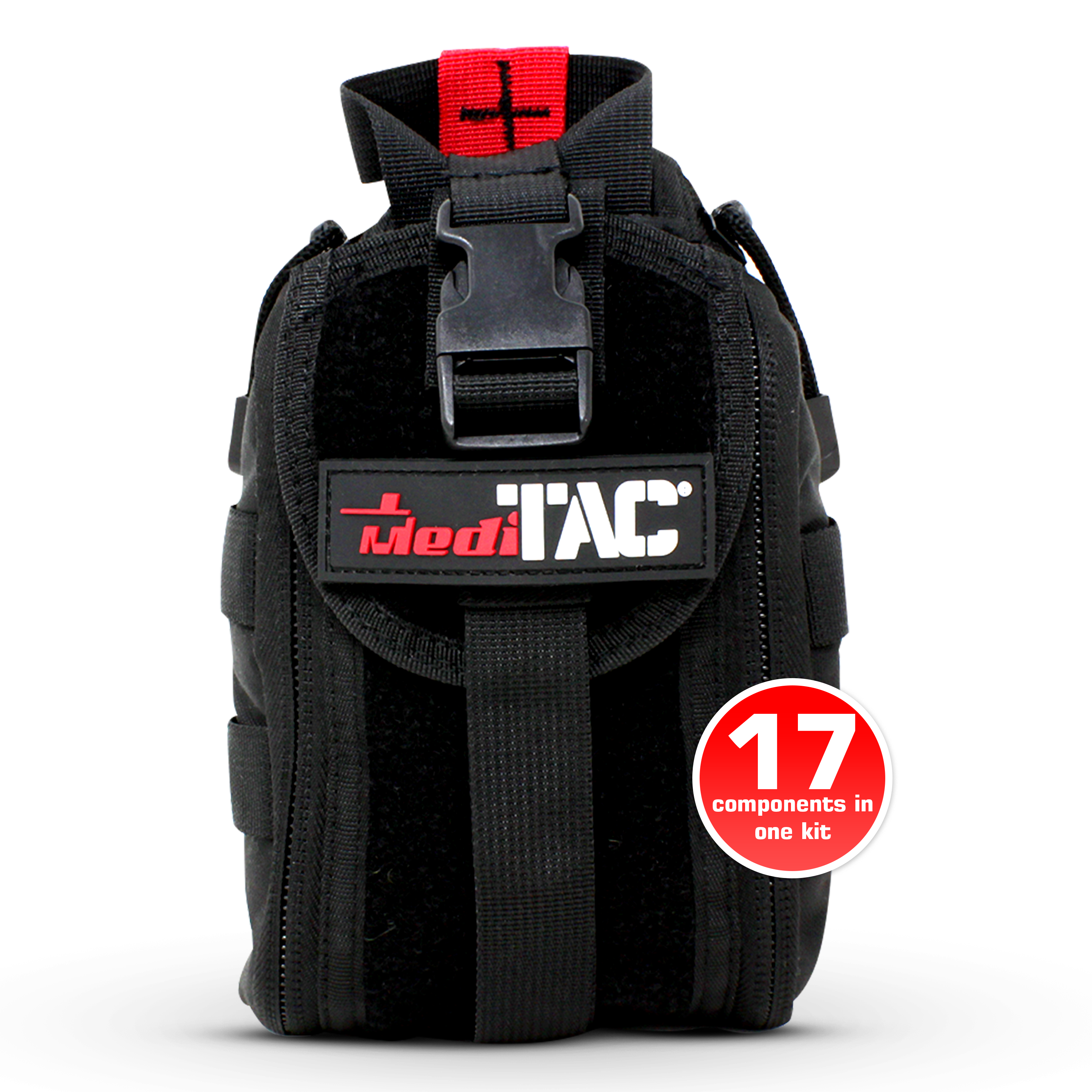 MediTac Kits premium tactical IFAK first aid kit with rip-away Velcro, SOF tourniquet, and CELOX for emergency medical use.
