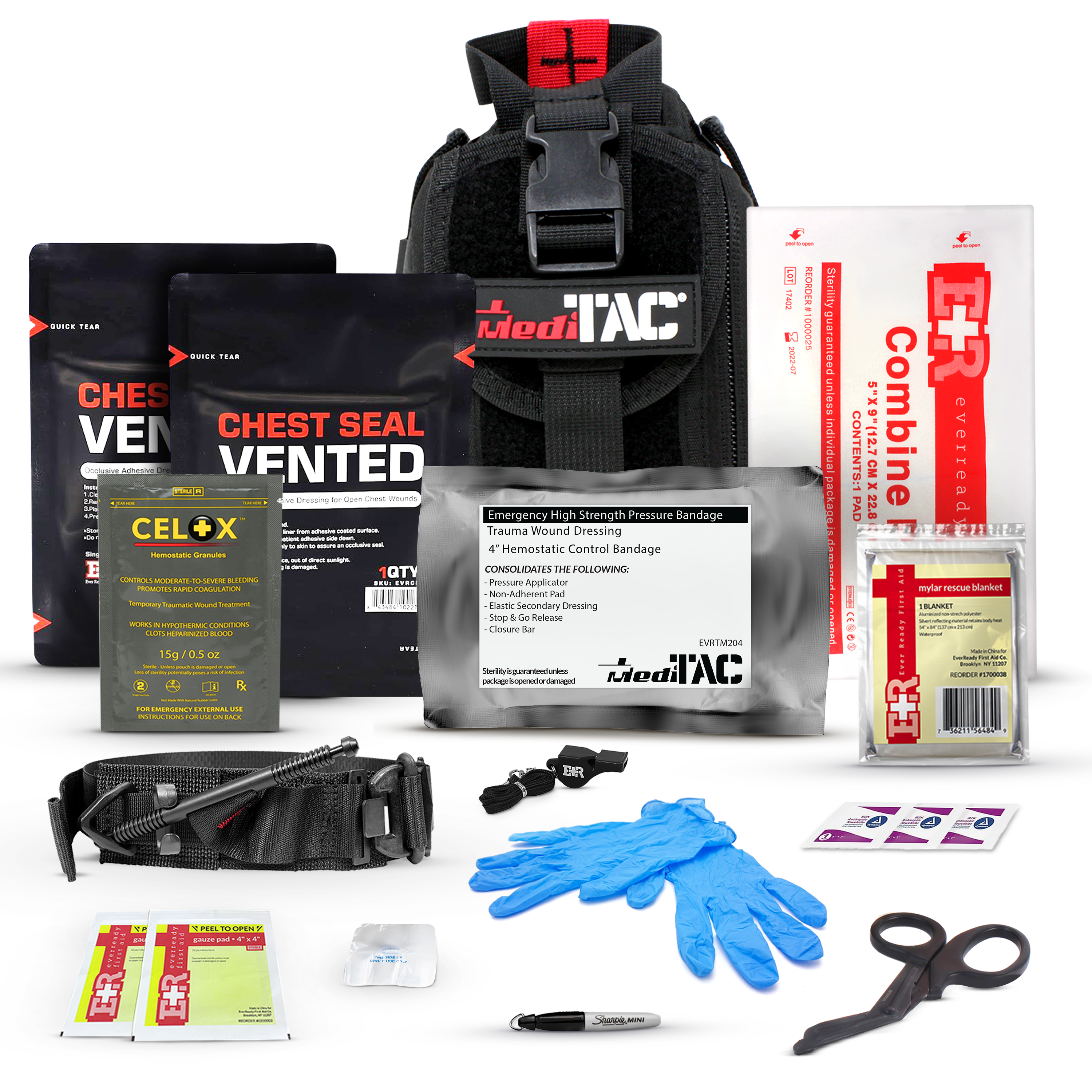 MediTac Kits premium tactical IFAK first aid kit with rip-away Velcro, SOF tourniquet, and CELOX for emergency medical use.