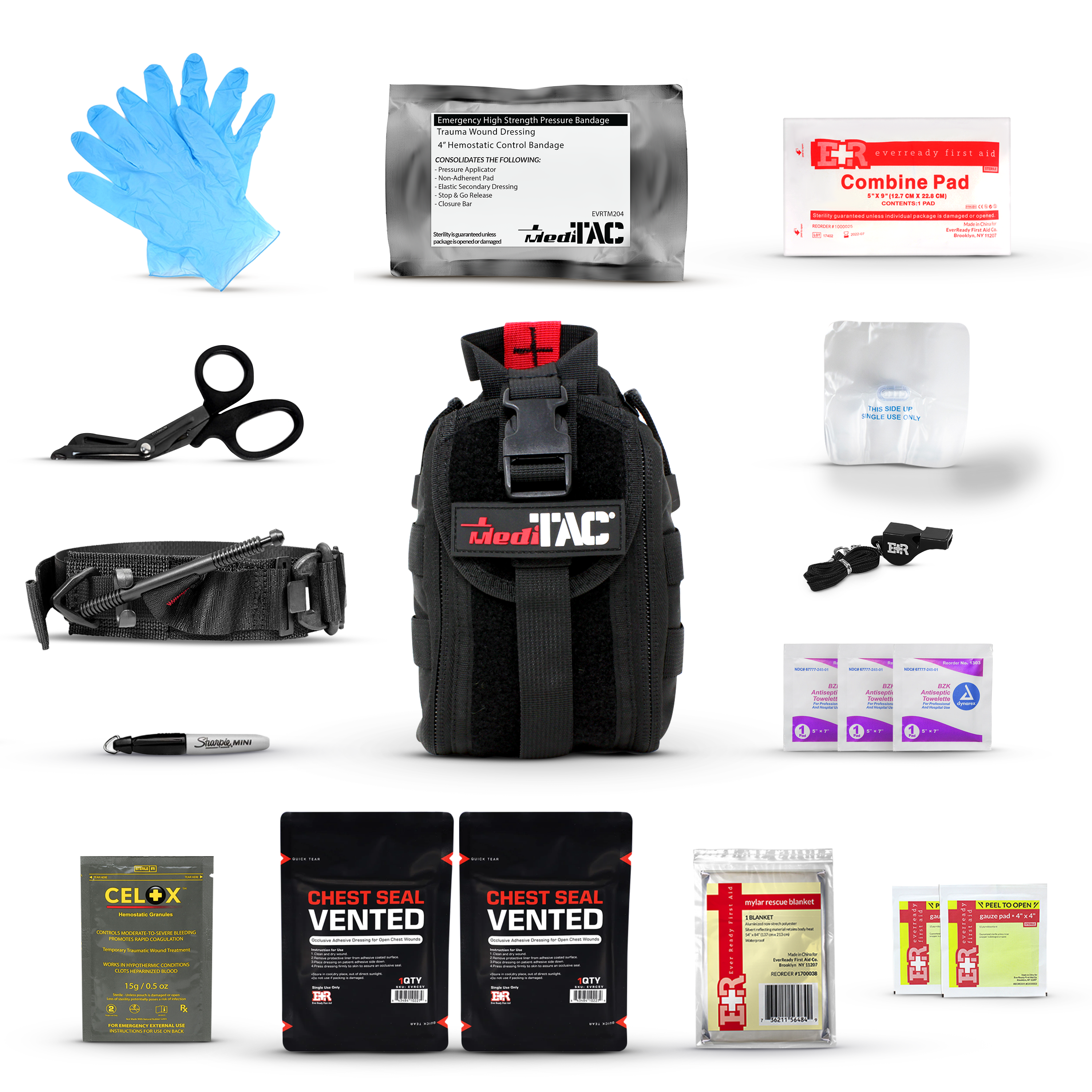 Black MediTac Kits premium tactical first aid kit with rip-away velcro, SOF tourniquet, and CELOX for emergency medical use.