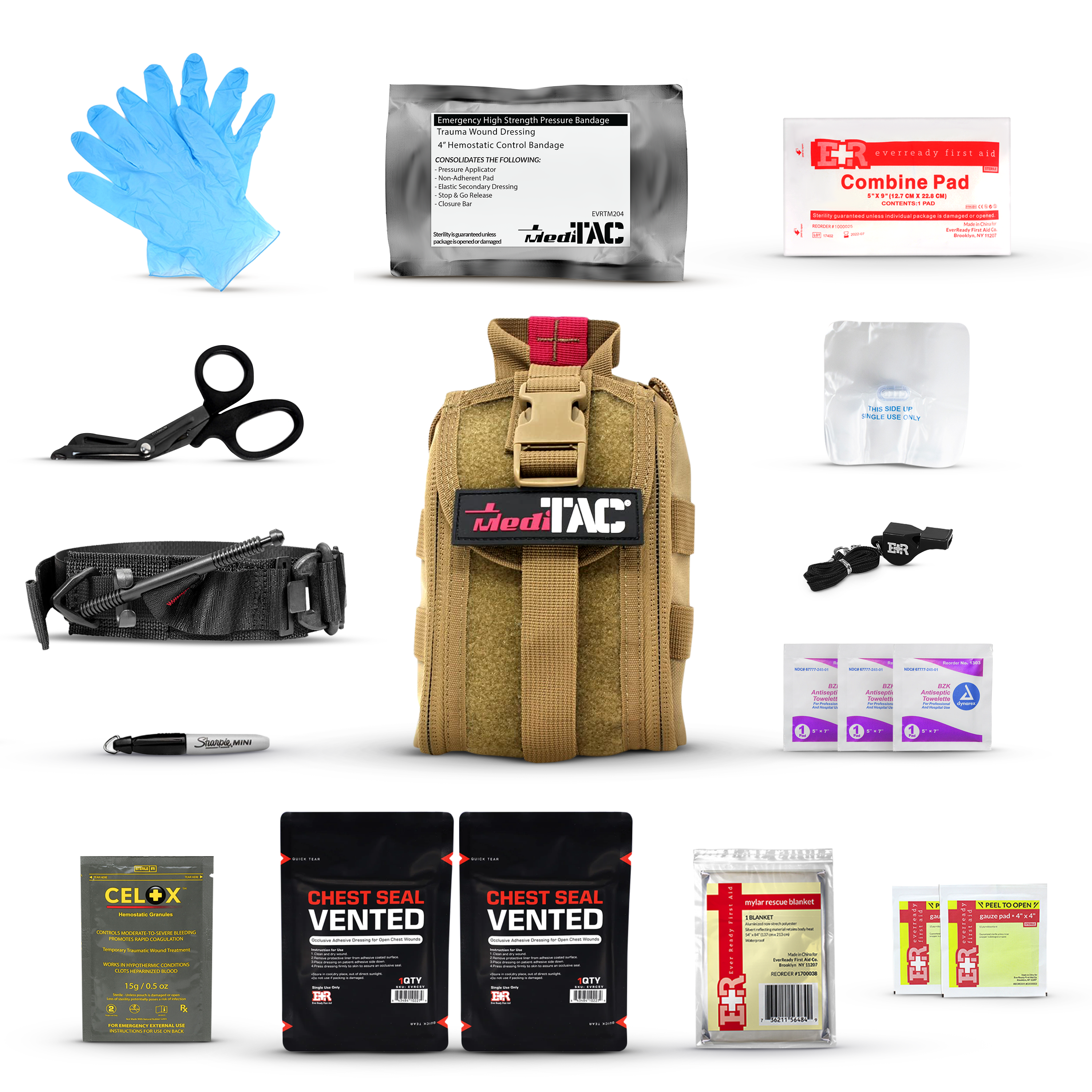MediTac Kits premium tactical IFAK first aid kit with rip-away velcro, SOF tourniquet, and CELOX in a compact emergency pouch.