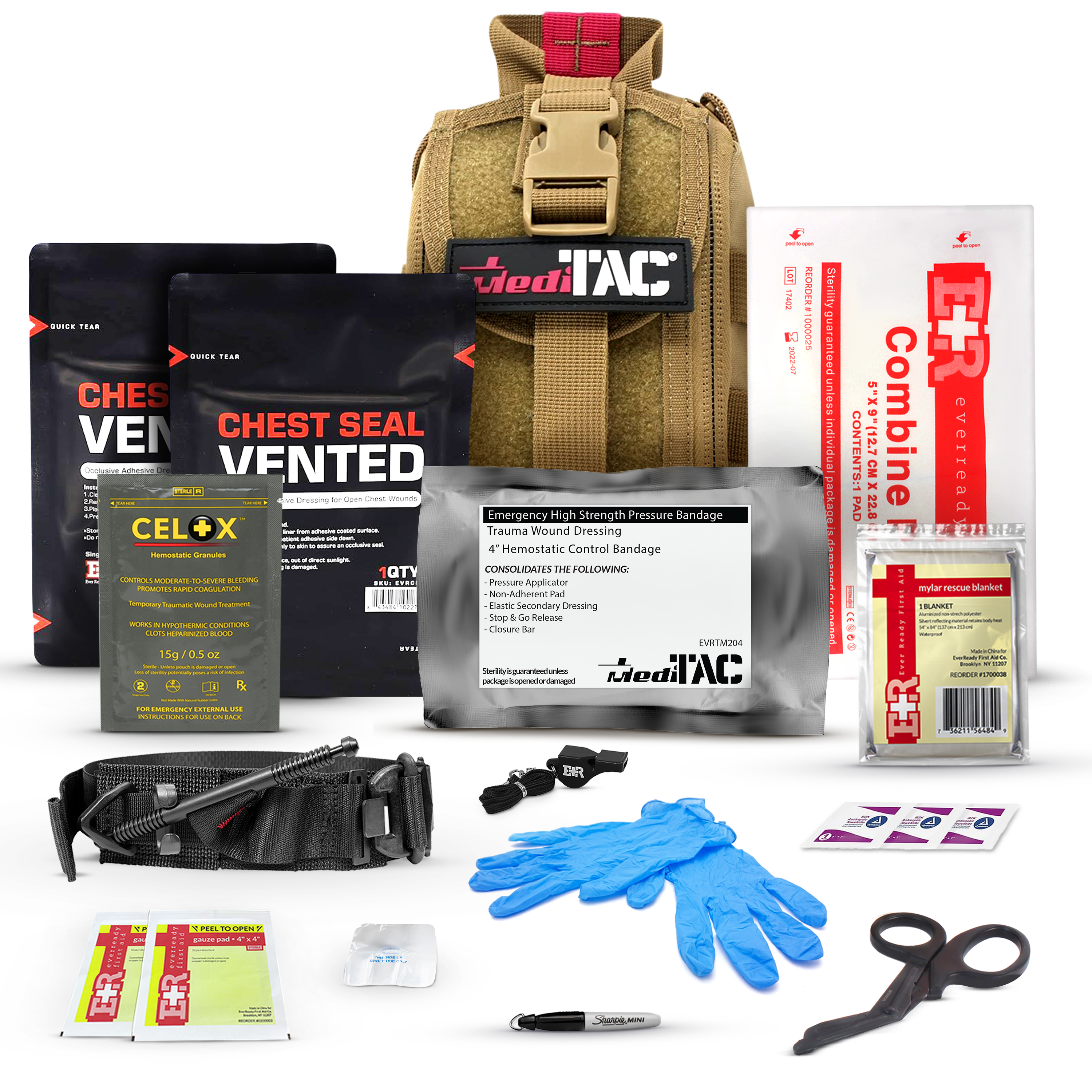 MediTac Kits premium tactical IFAK first aid kit with rip-away Velcro, SOF tourniquet, and CELOX in a durable black pouch.