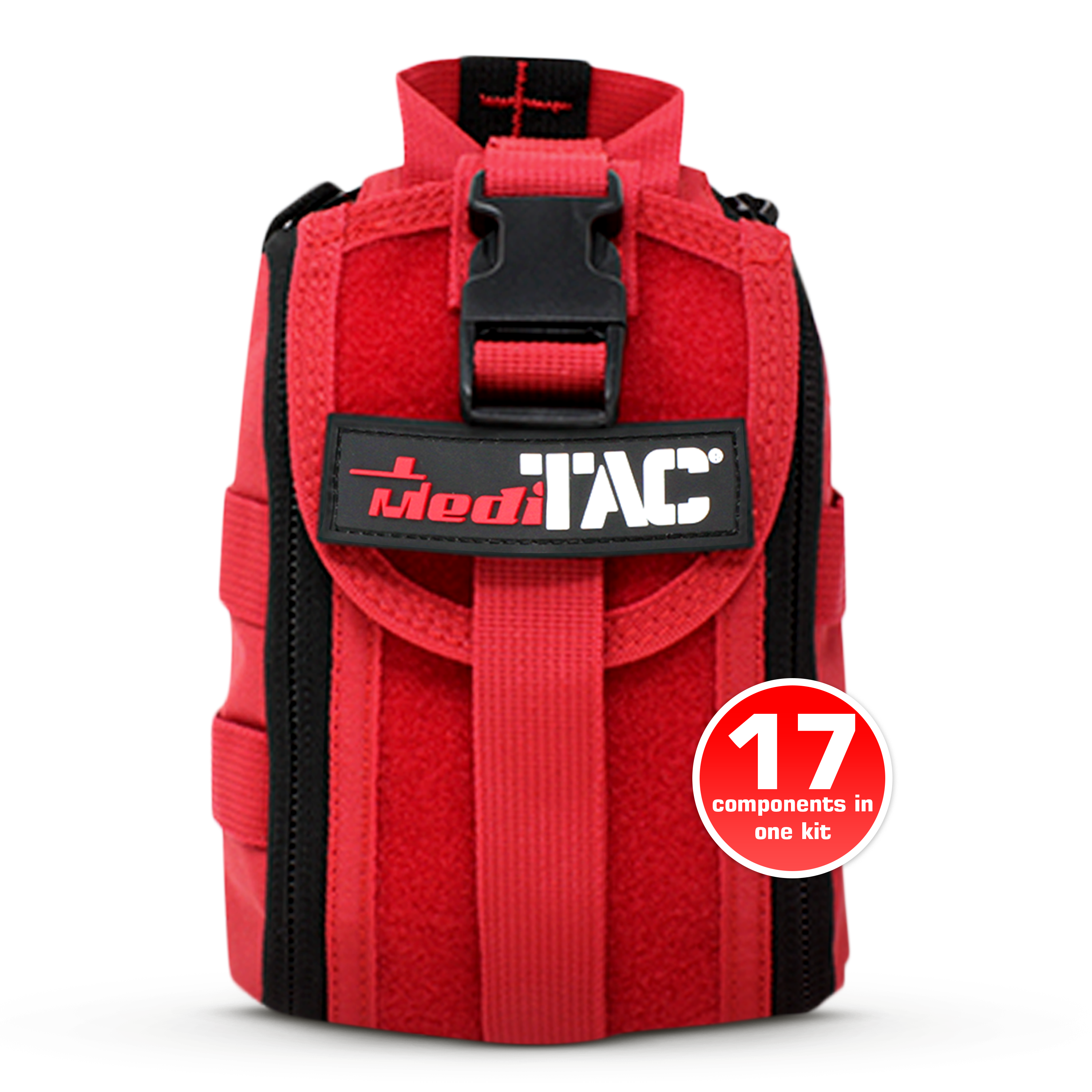 MediTac Kits Premium Tactical IFAK First Aid Kit with rip-away Velcro pouch, SOF tourniquet, and CELOX for emergency trauma care.