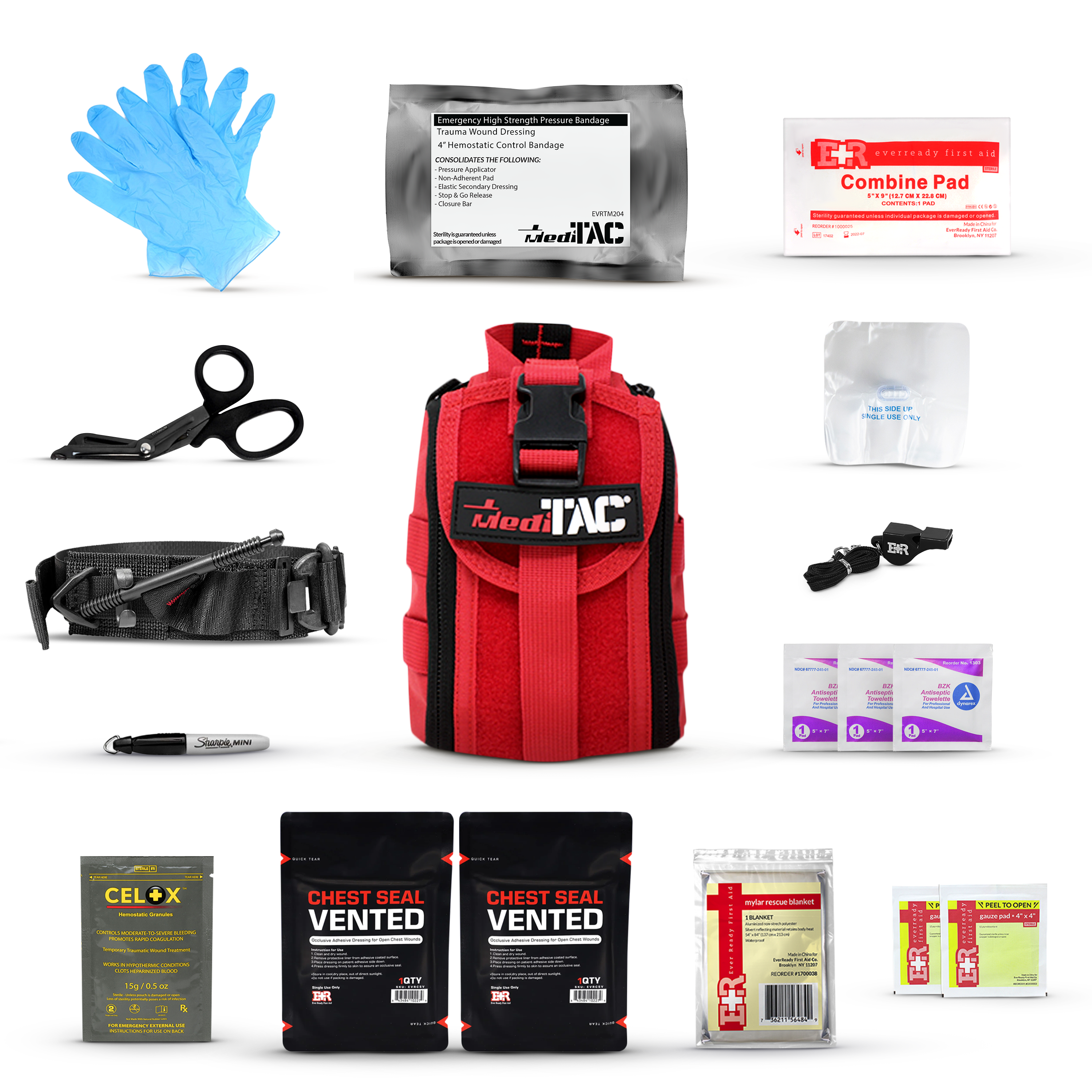 MediTac Kits premium tactical IFAK first aid kit with rip-away Velcro, SOF tourniquet, and CELOX for emergency medical use.