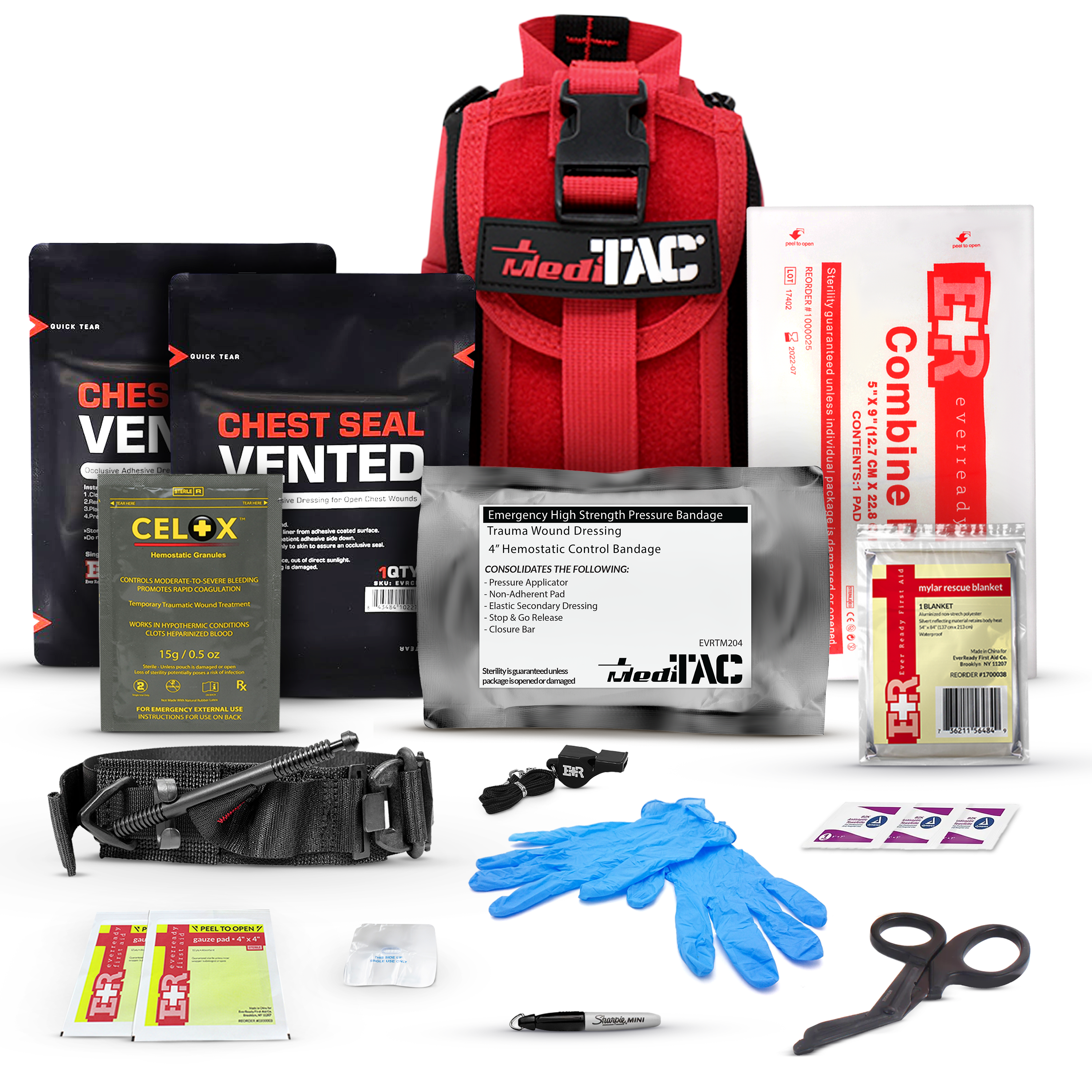 MediTac Kits Premium Tactical IFAK first aid kit with rip-away velcro, SOF tourniquet, and CELOX in a compact emergency kit.