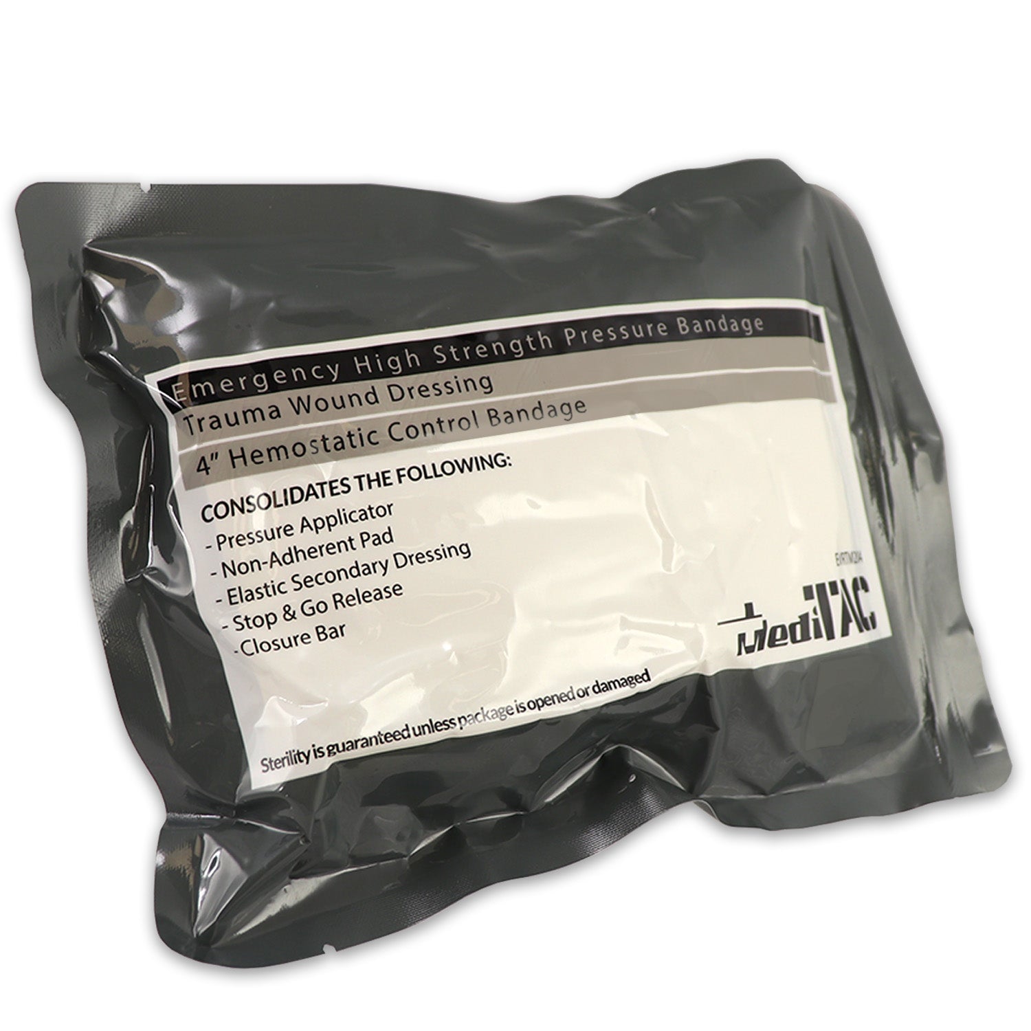 High-strength Israeli Type 4-inch pressure bandage for bleeding management from quakekits.com, with secure elastic wrap and sterile design.