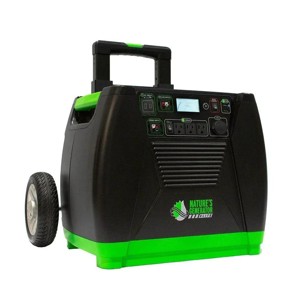 Green Vista Living Nature's Generator Elite 3600W solar generator with control panel and solar input ports.