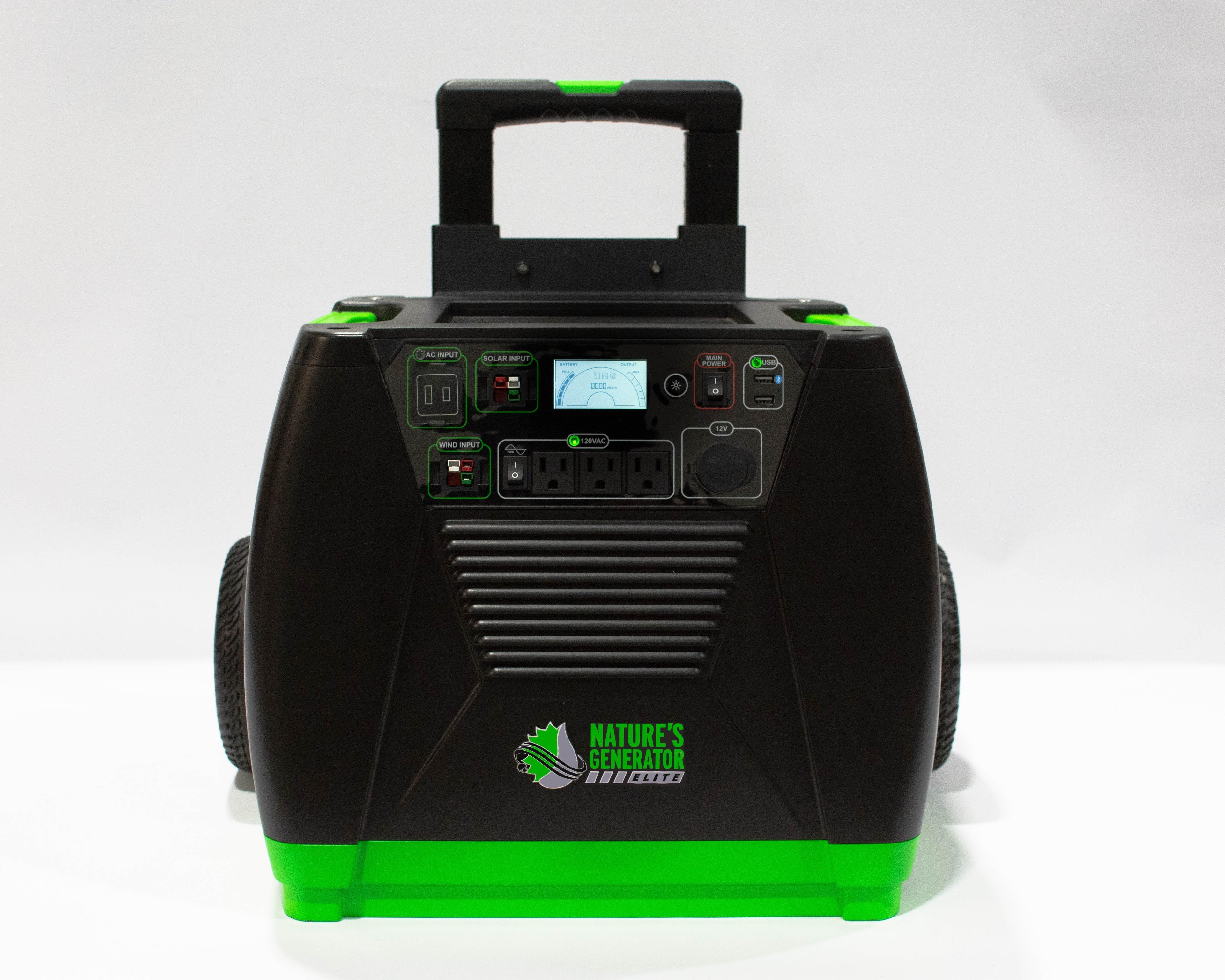 Green Vista Living Nature's Generator Elite 3600W solar generator with multiple outlets and compact design for portable power.