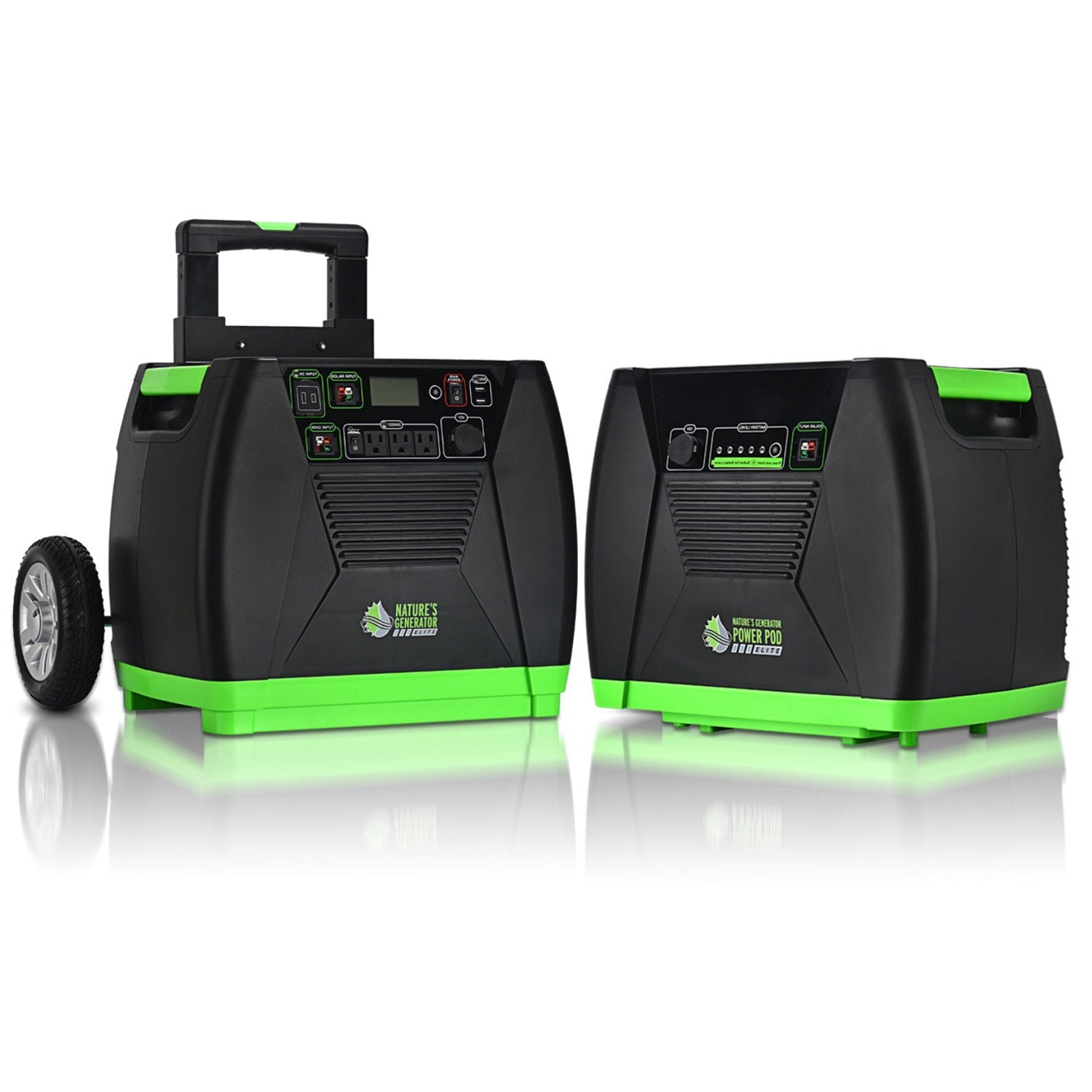 Nature's Generator Elite 3600W Power Pod showing durable, compact design with multiple outlets and control panel for portable energy.