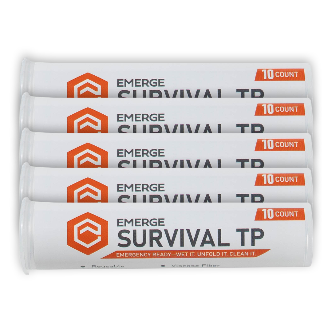 Emerge Survival toilet paper pack with 50 durable, biodegradable sheets, suitable for emergency and outdoor use.