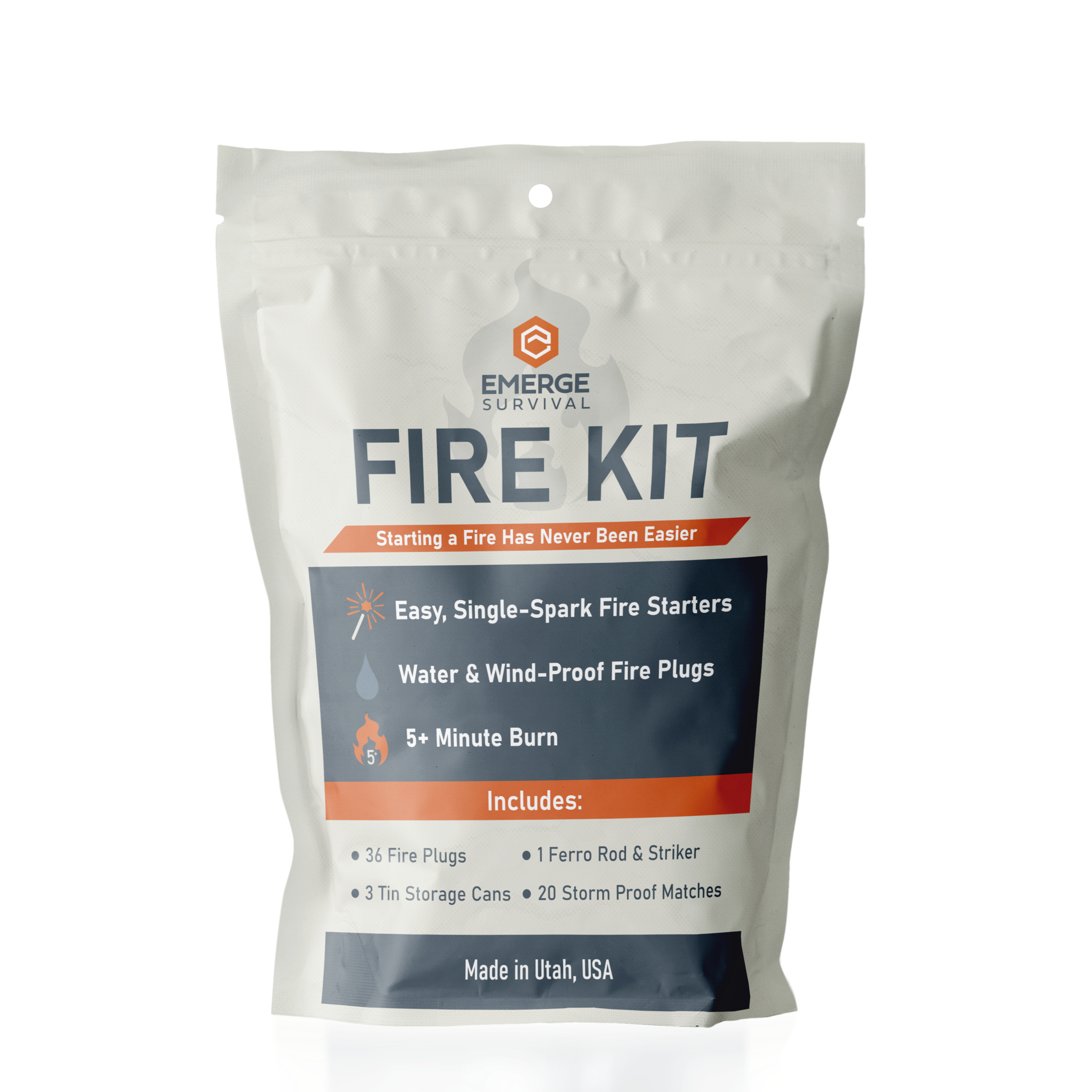 Emerge Survival Fire Kit with essential fire-starting tools and materials displayed on a transparent background.