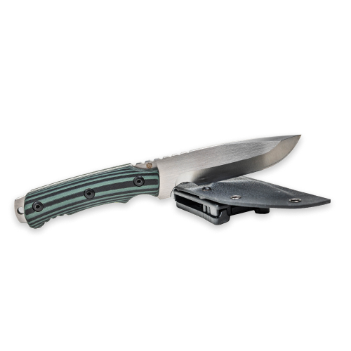 Emerge Survival knife with black handle and stainless steel blade, designed for outdoor survival and camping activities.