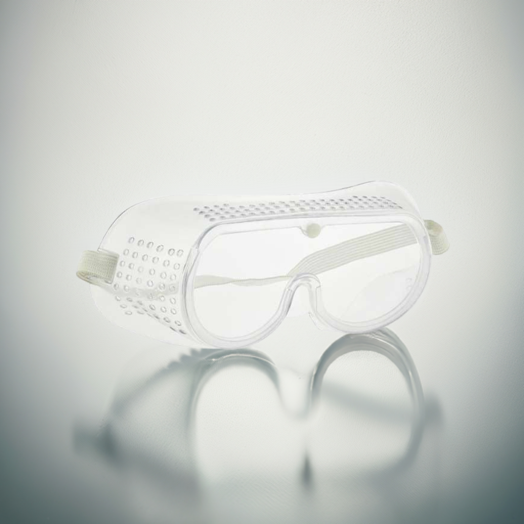 Emergency safety goggles for protection, featuring clear lenses and adjustable straps, ideal for safety tools and equipment.