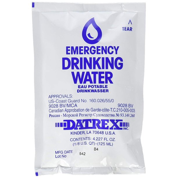 Six pack of long shelf life emergency water pouches by QuakeKits, 4.227 fl oz each, ready for food and water emergency preparedness.