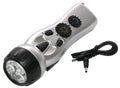 4-in-1 Dynamo flashlight with hand crank radio, siren, and phone charger for emergency survival and outdoor use.
