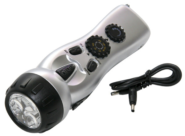 4-in-1 Dynamo flashlight with hand crank radio, siren, and phone charger for emergency survival and outdoor use.