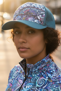 FisheWear Enchanted Grayling abstract trucker hat featuring a gray and black fish design with mesh back for ventilation.