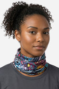 FisheWear Enchanted Grayling neck tube, soft gray fabric with subtle aquatic pattern, worn around the neck for warmth and style.
