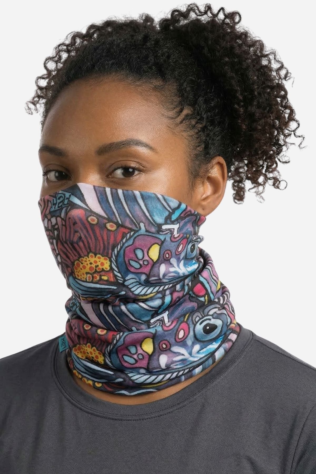 FisheWear Enchanted Grayling neck tube showing a snug, soft fabric in gray with subtle pattern for outdoor wear and neck warmth.
