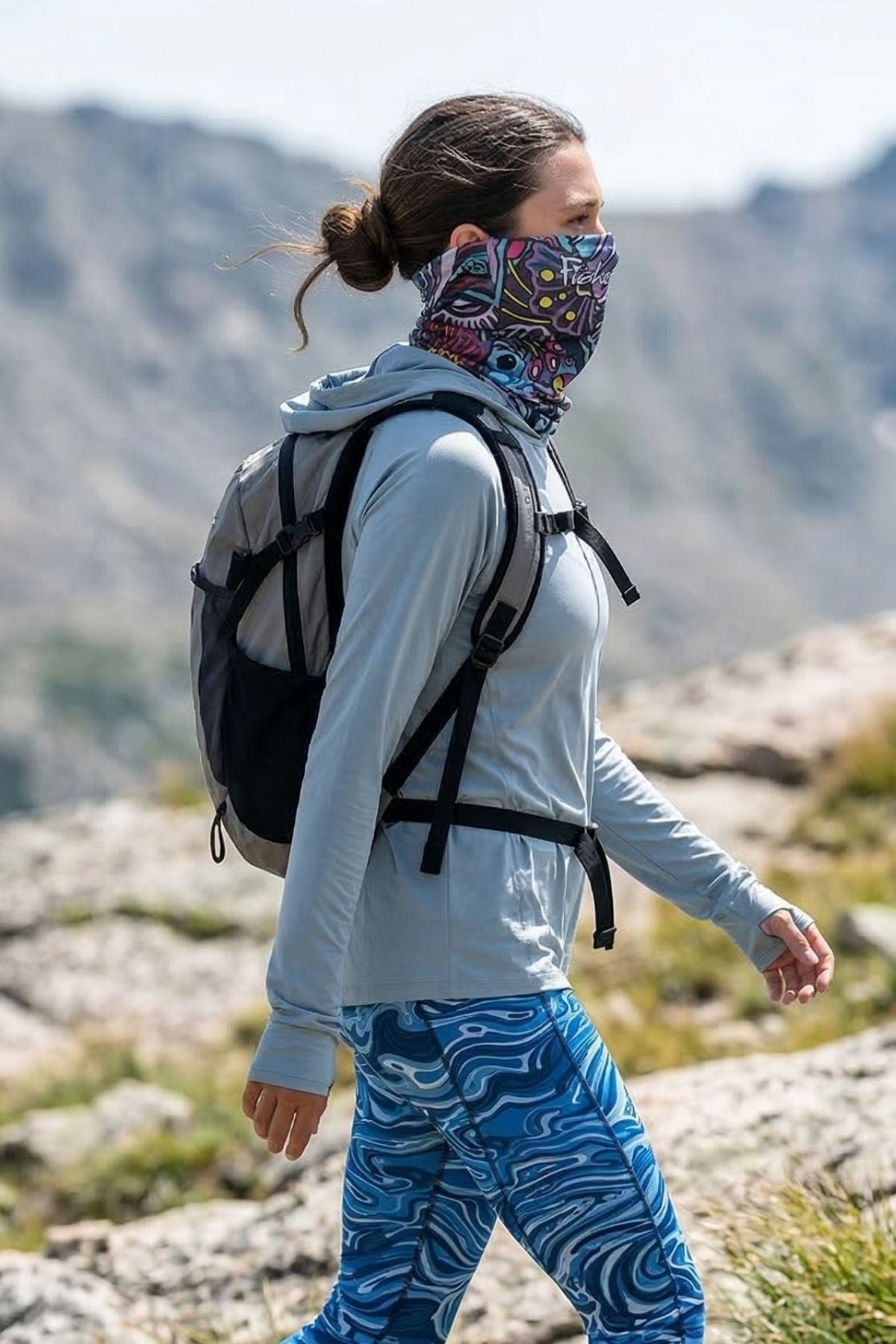FisheWear Enchanted Grayling neck tube, soft gray fabric with subtle aquatic pattern, versatile for outdoor and sports wear