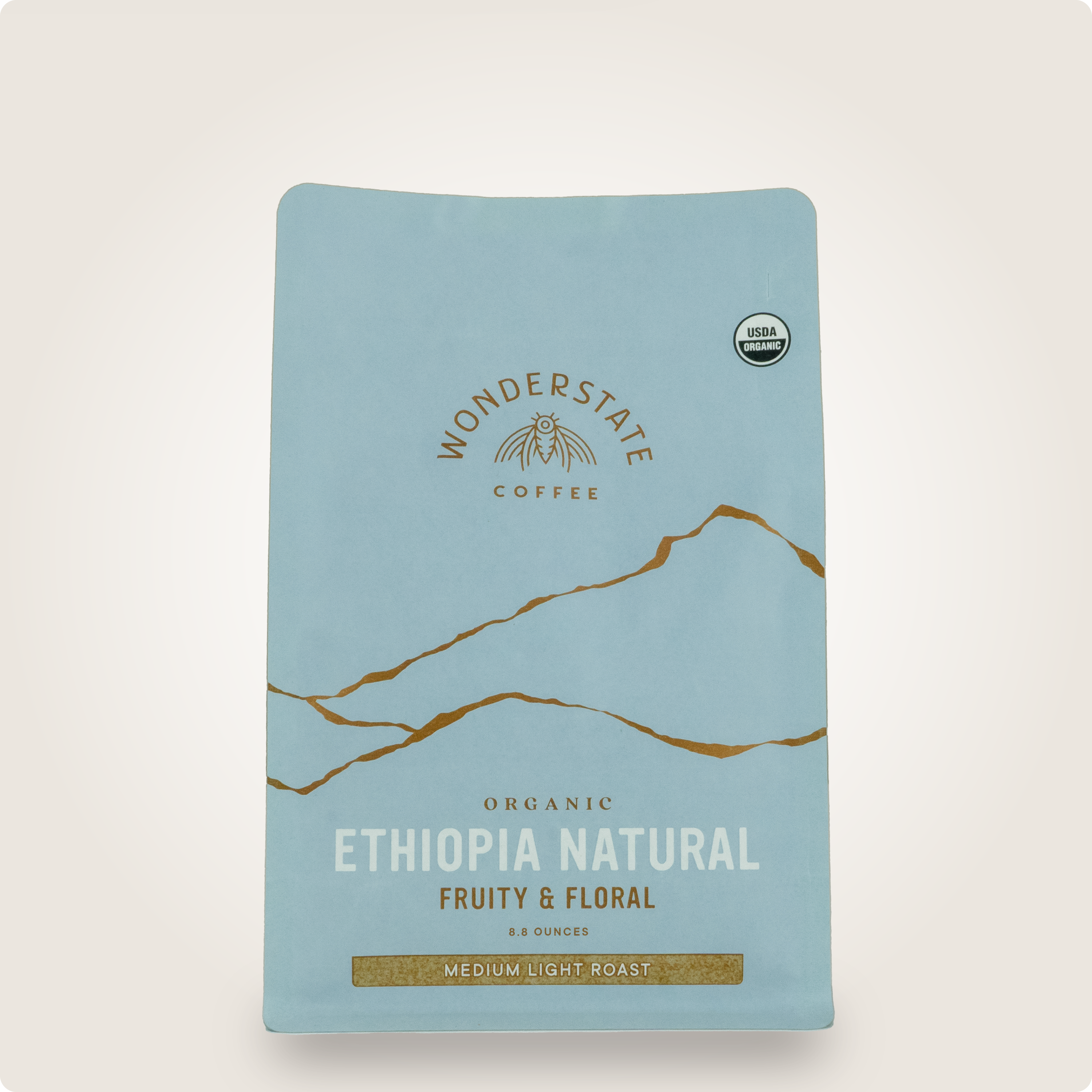 Organic Ethiopia natural process coffee from Wonderstate Coffee, showing a bag of Ethiopia single-origin coffee beans.
