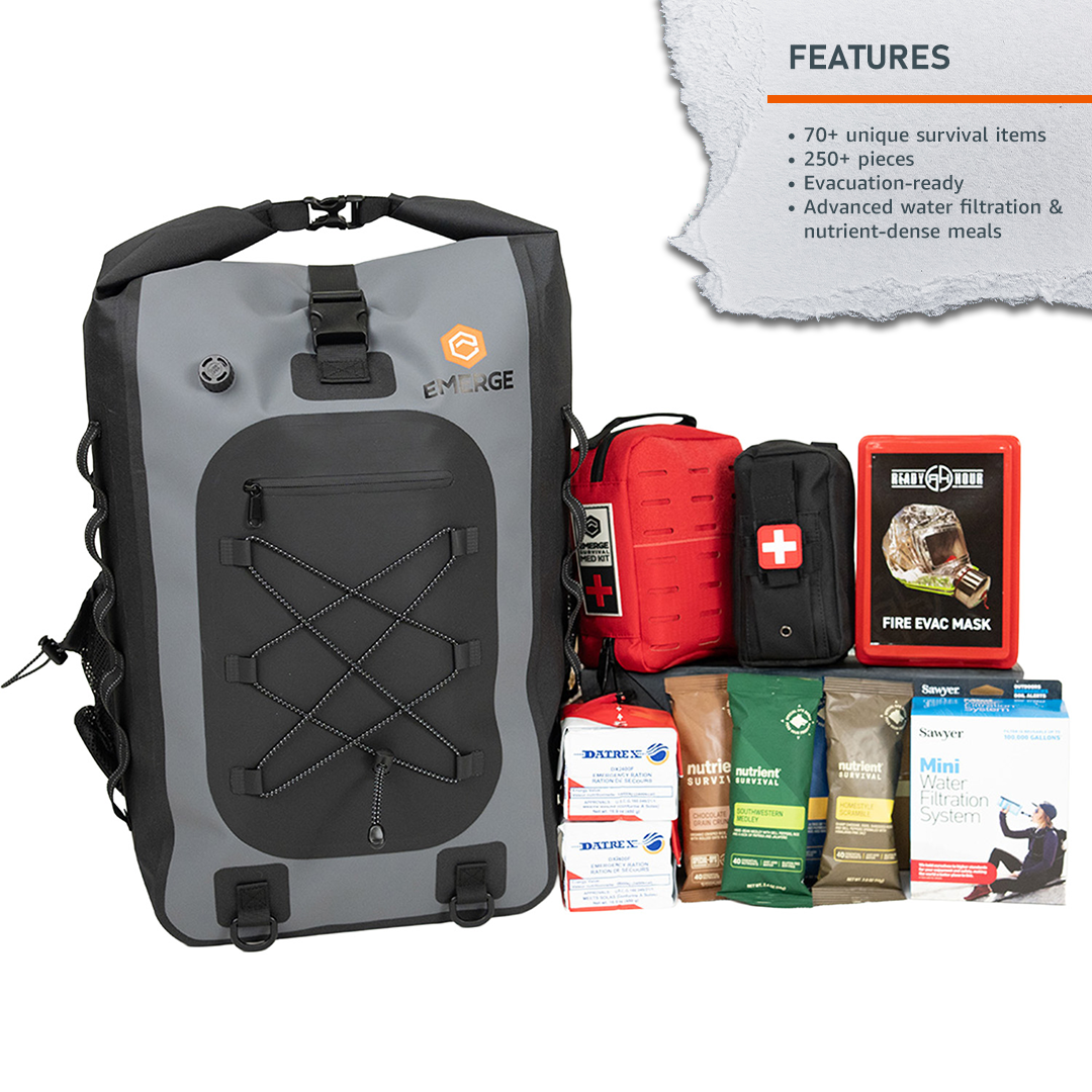 Emerge Survival evacuation bag with multiple compartments and sturdy straps, ready for emergency preparedness and outdoor survival.