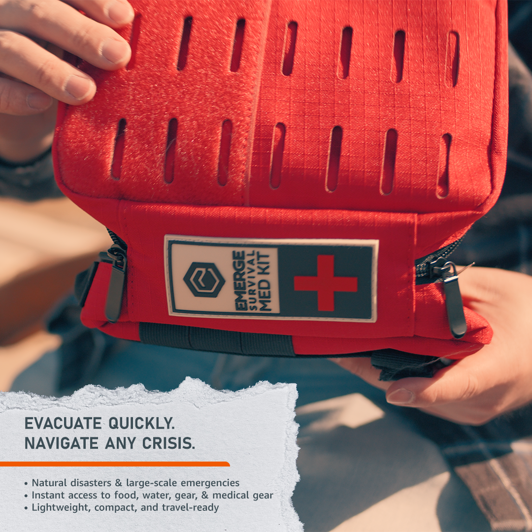 Emerge Survival evacuation bag with multiple compartments and adjustable straps for emergency preparedness and survival.