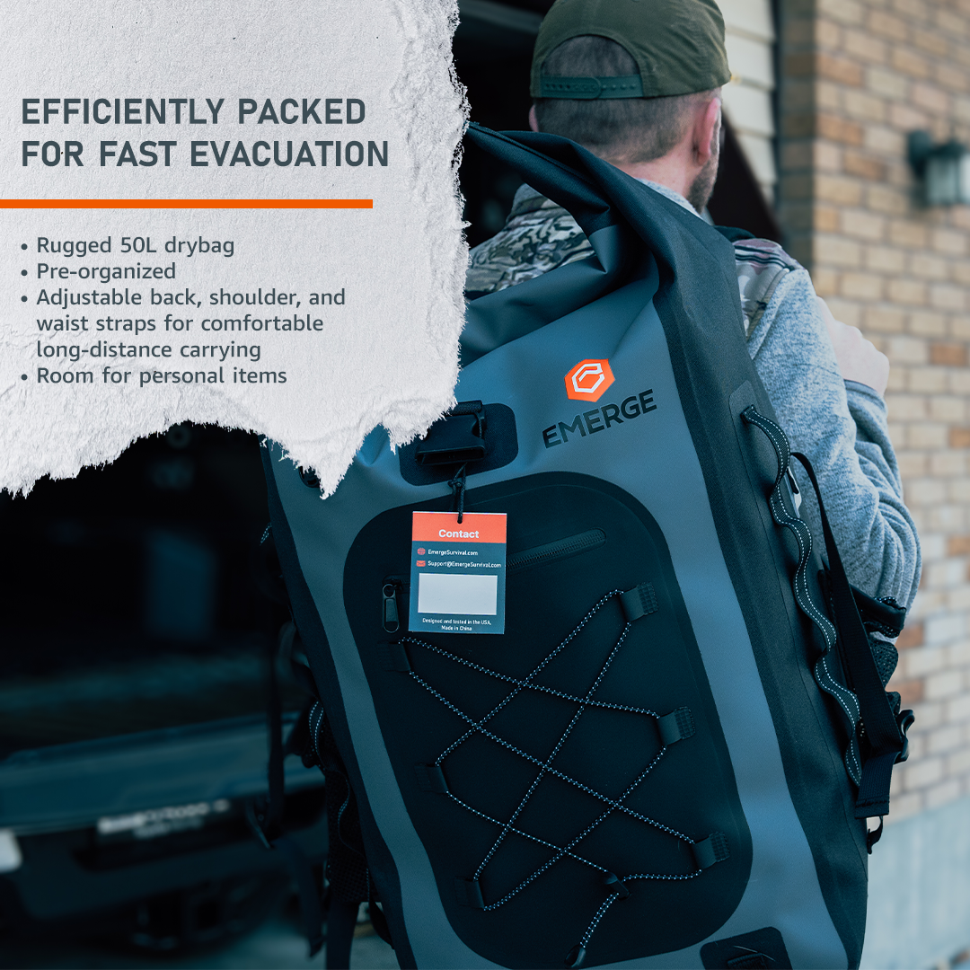 Emerge Survival evacuation bag with multiple compartments and sturdy handles, designed for emergency preparedness and survival kit.