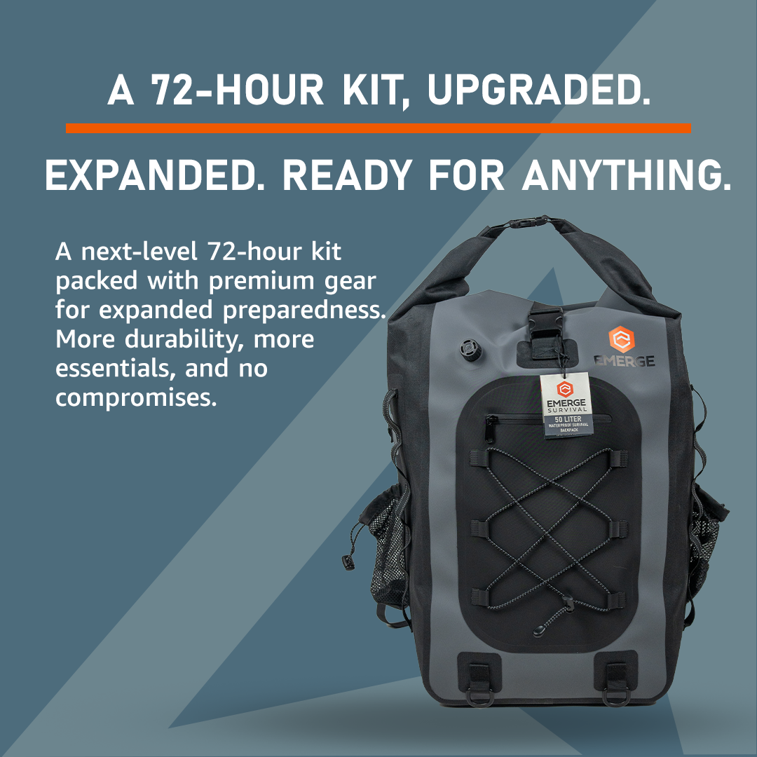 Emerge Survival evacuation bag with multiple compartments and straps for emergency preparedness and quick access.