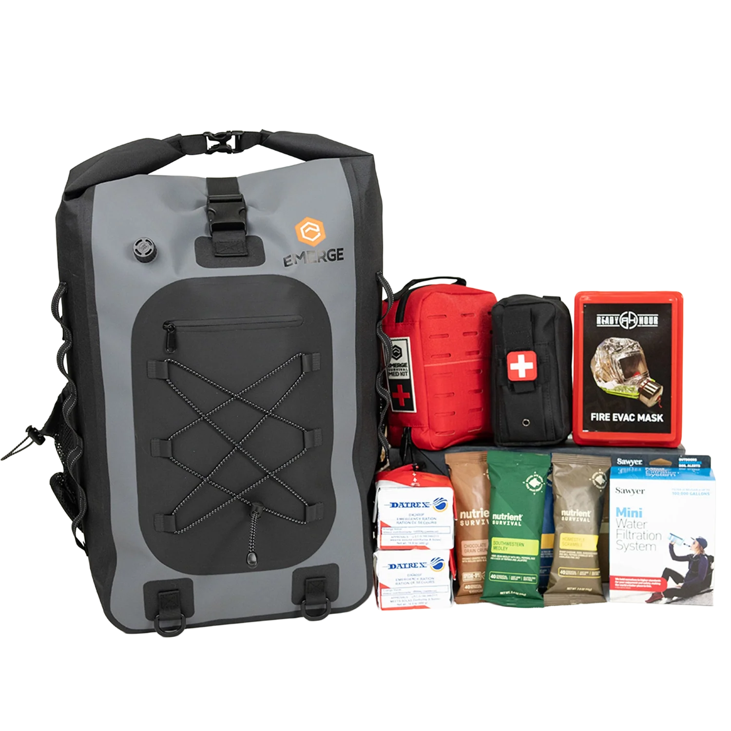 Emerge Survival evacuation bag with compact design, featuring multiple compartments and emergency gear for safety and survival.