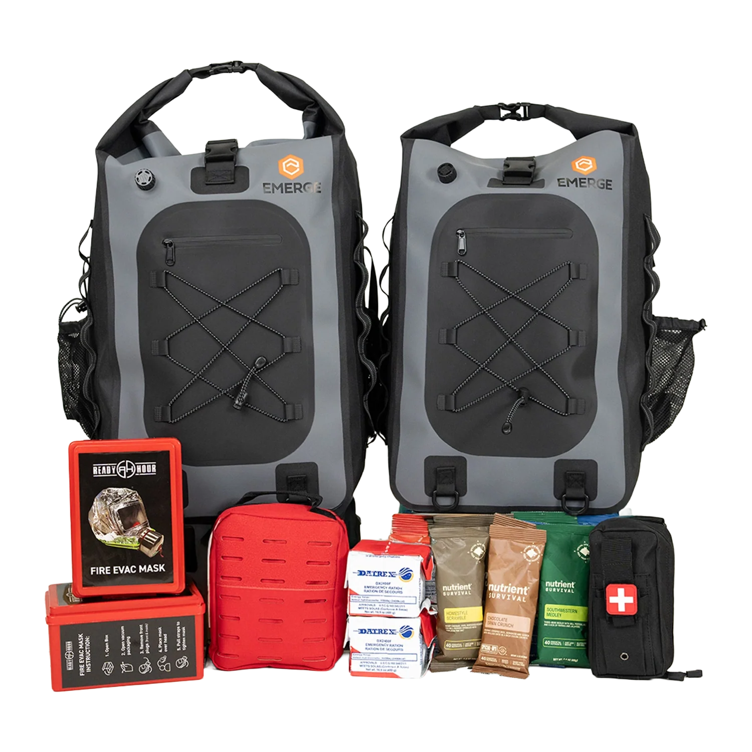 Emerge Survival evacuation bag with multiple compartments and emergency supplies for safety and survival preparedness.