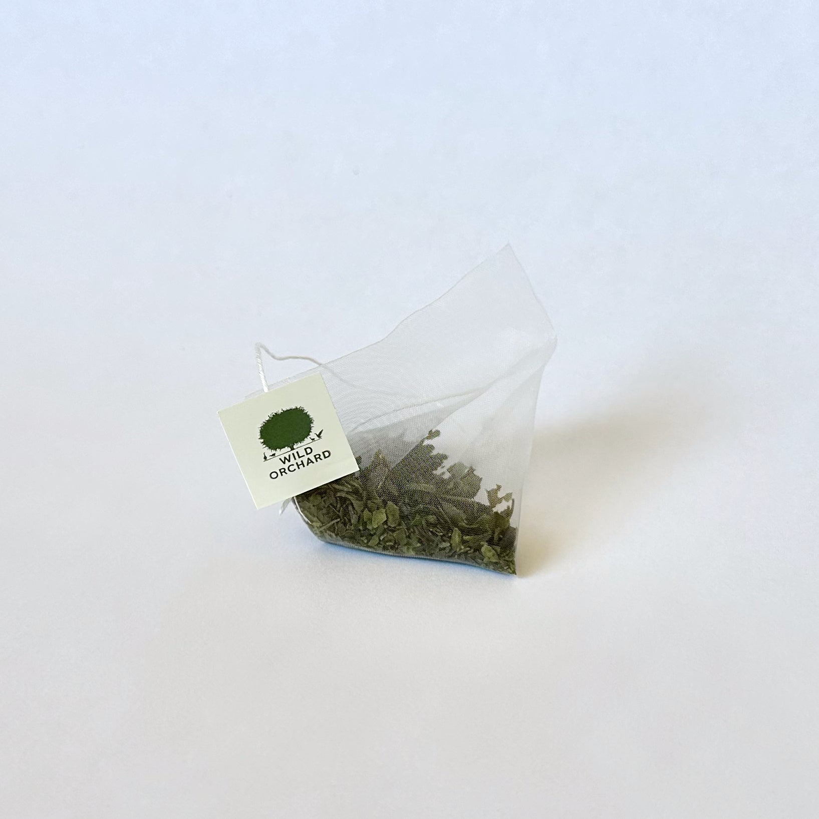 Organic green tea bag from Wild Orchard's Everyday Green collection, showcasing a neatly packaged tea bag with fresh green tea leaves.