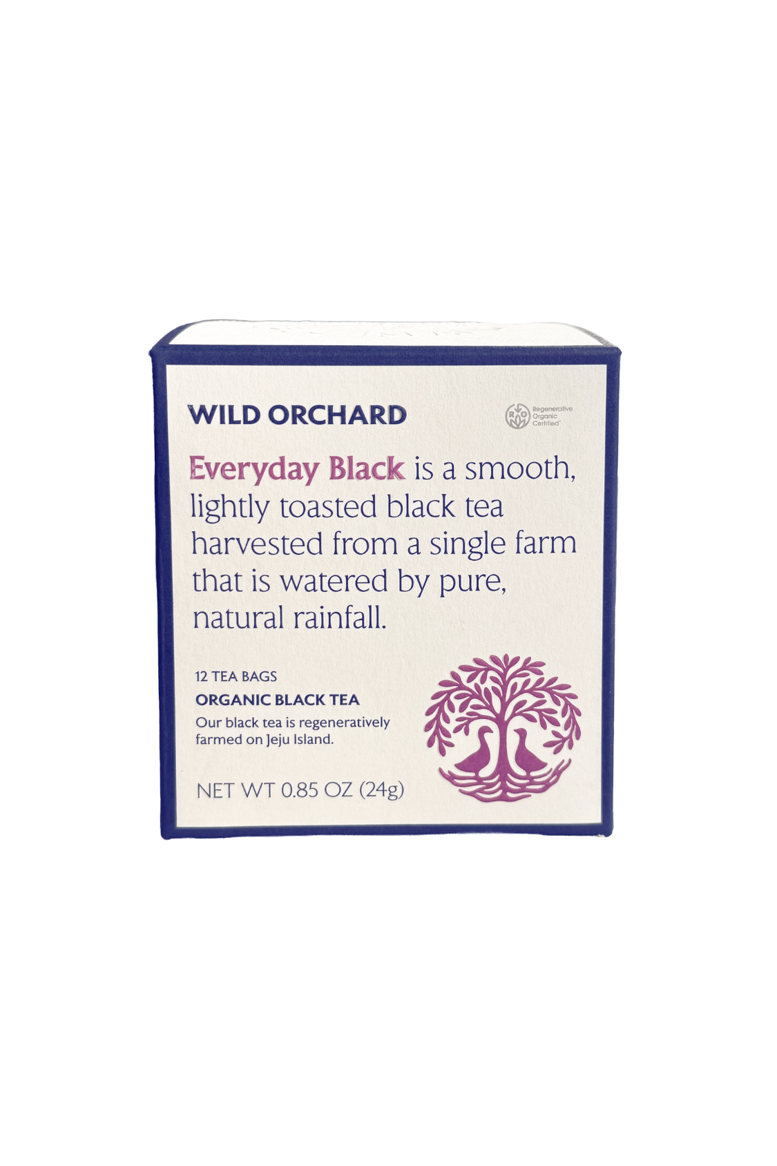 Organic Black Tea Bag from Wild Orchard, showcasing a black tea bag with a string and tag, ready for brewing.