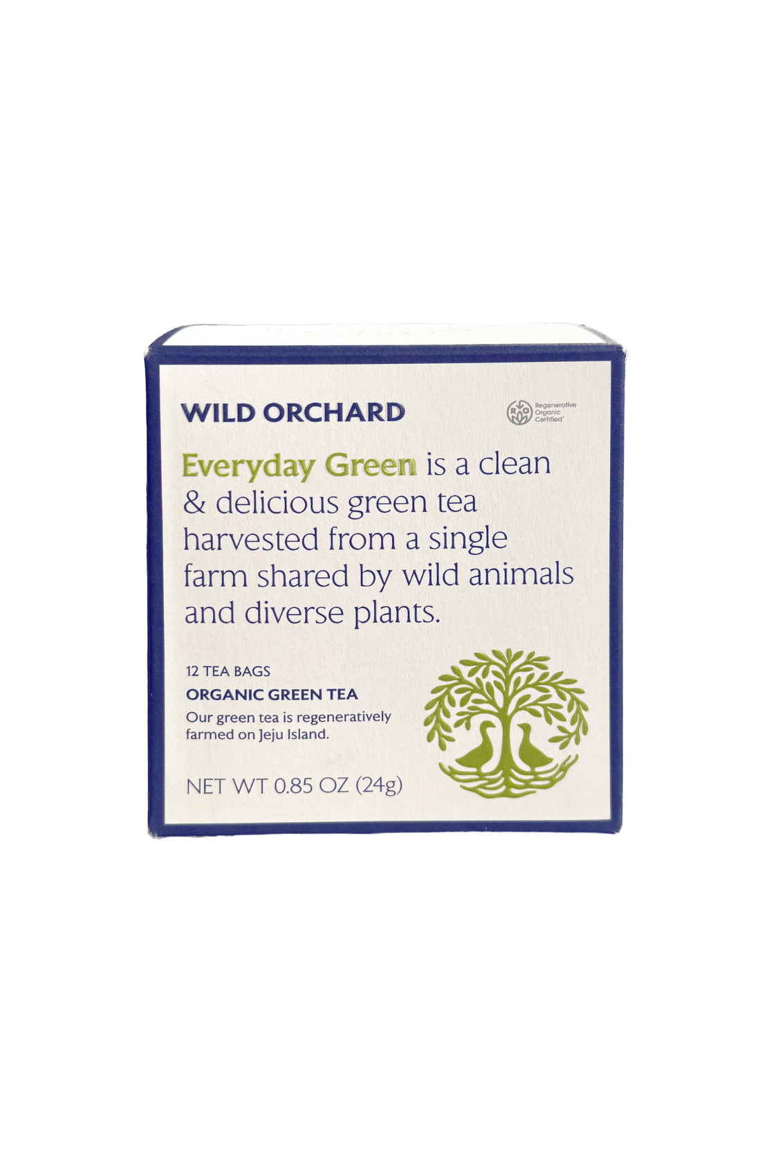Organic green tea bag from Wild Orchard's Everyday Green collection, featuring the tea bag with green label and branding.