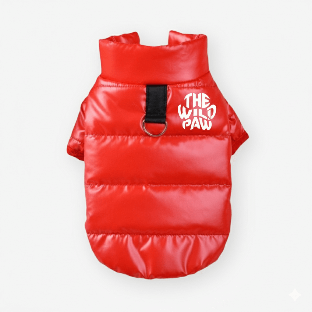 Red Expedition Pro Puffer Jacket by The Wild Paw, featuring a padded design, high collar, and front zipper for warmth and style.